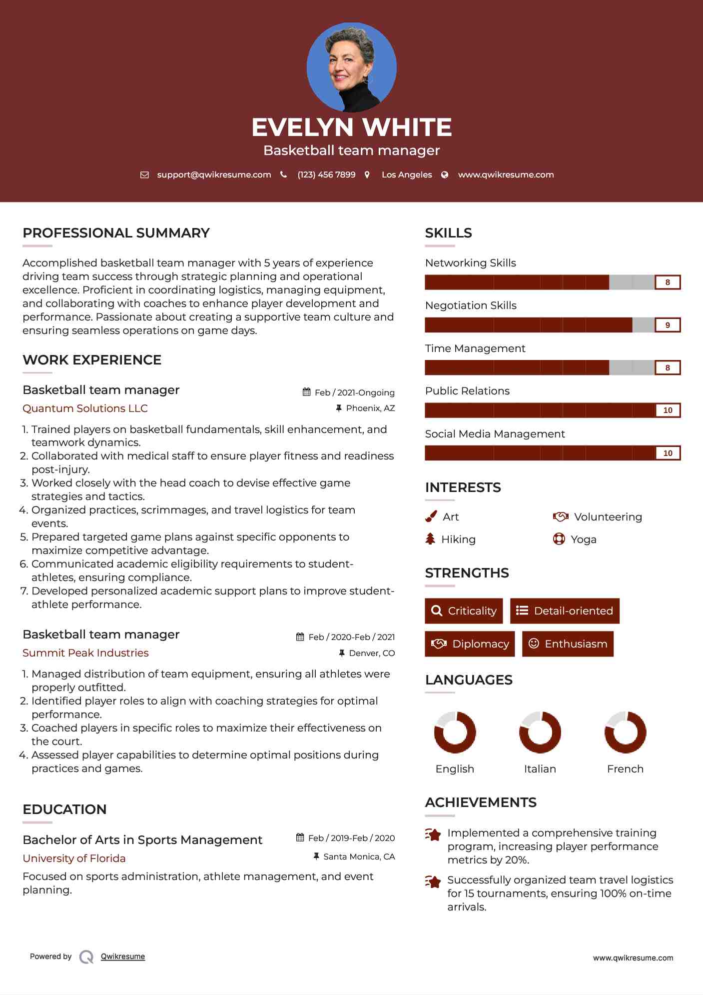 Basketball team manager Resume Sample