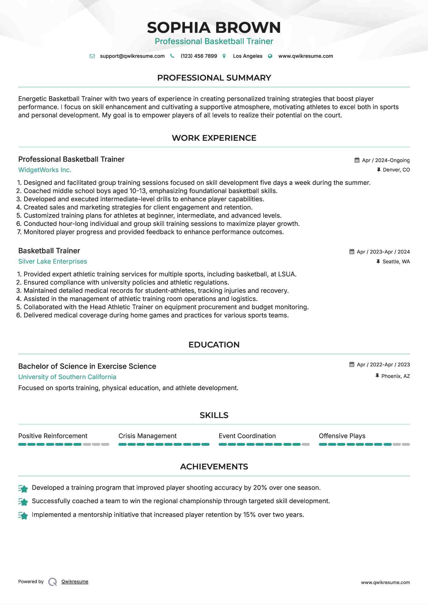 Professional Basketball Trainer Resume Format