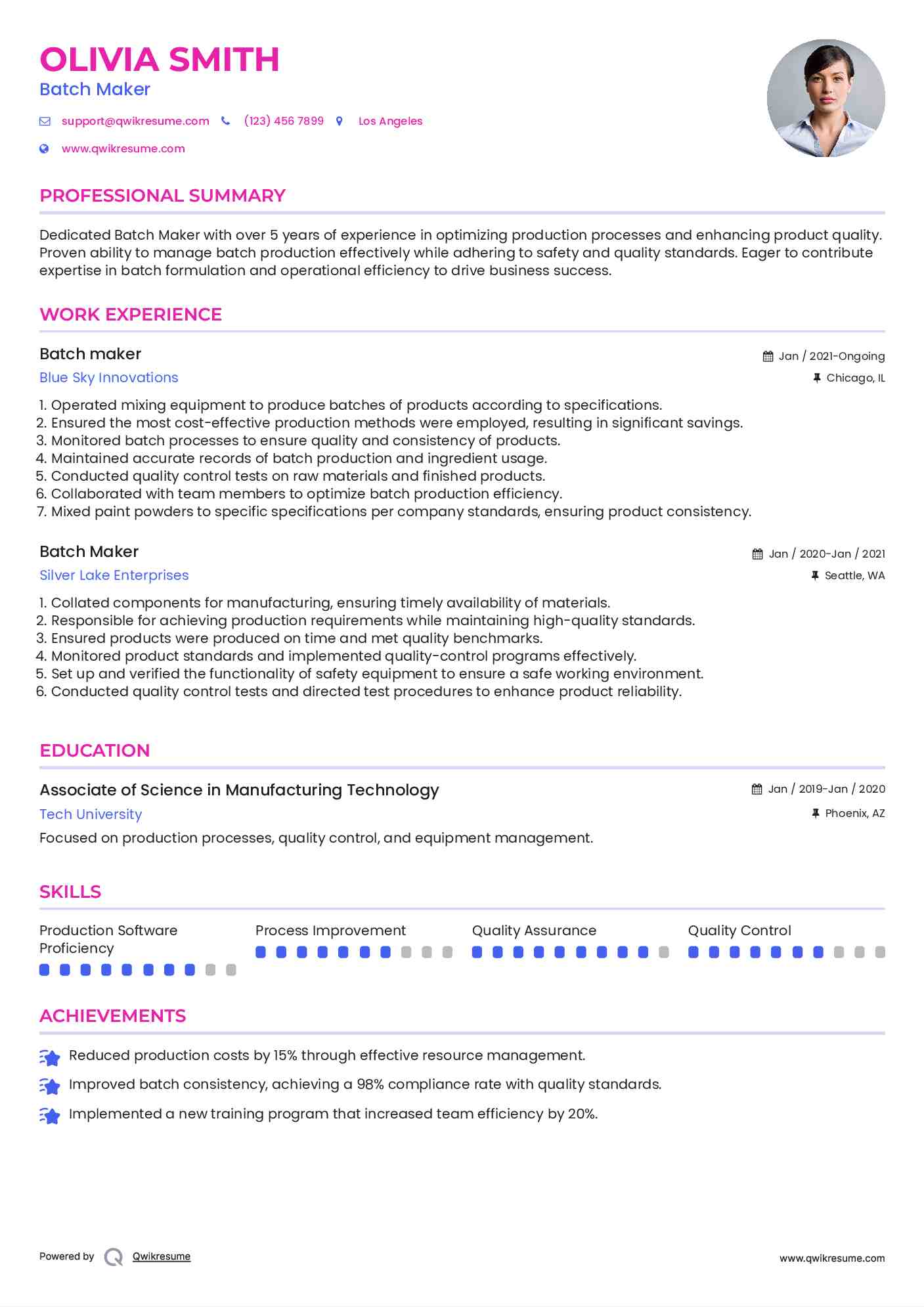 Batch Maker Resume Samples QwikResume