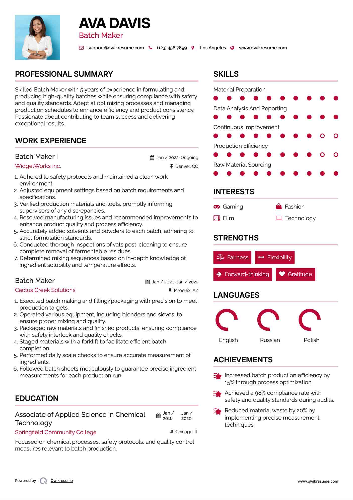 Batch Maker Resume Samples QwikResume