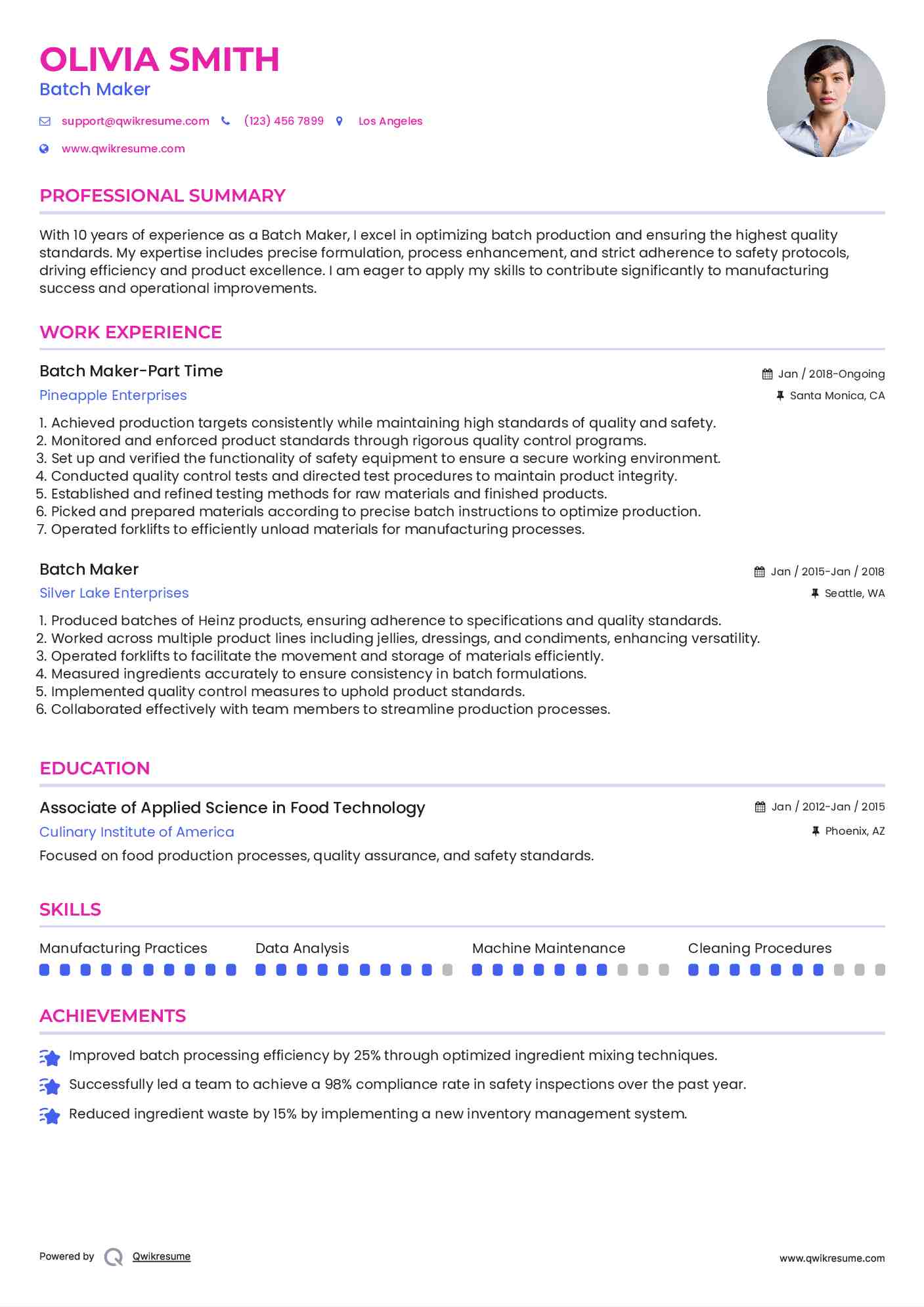 Batch Maker Resume Samples QwikResume
