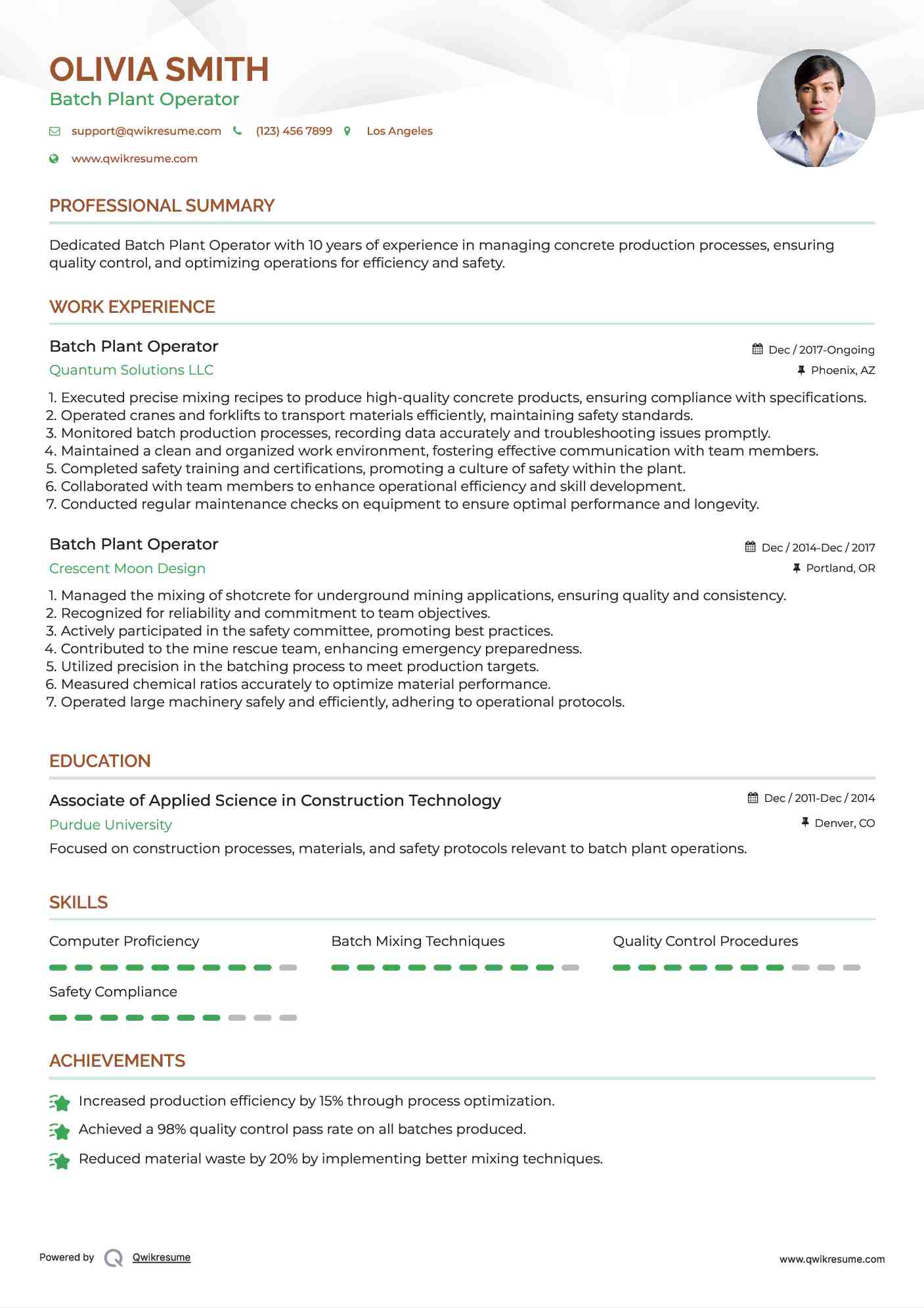Batch Plant Operator Resume Template