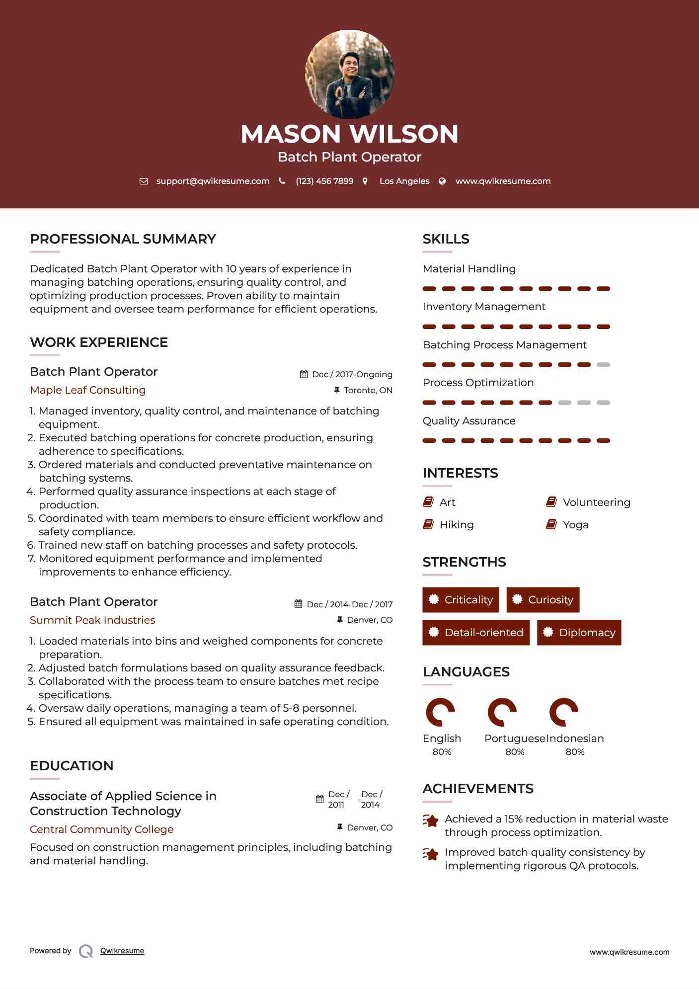 Batch Plant Operator Resume Template