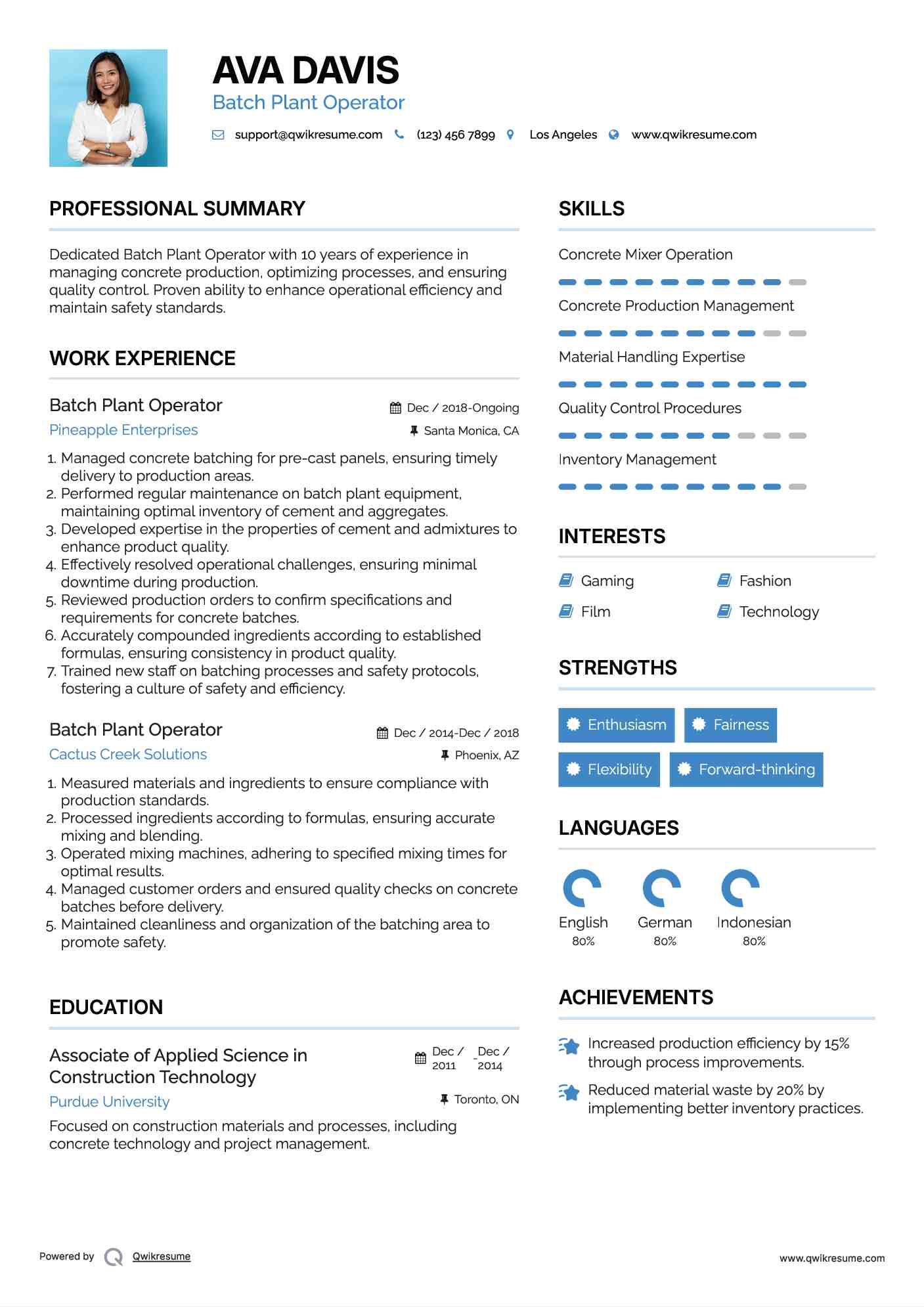 Batch Plant Operator Resume Format