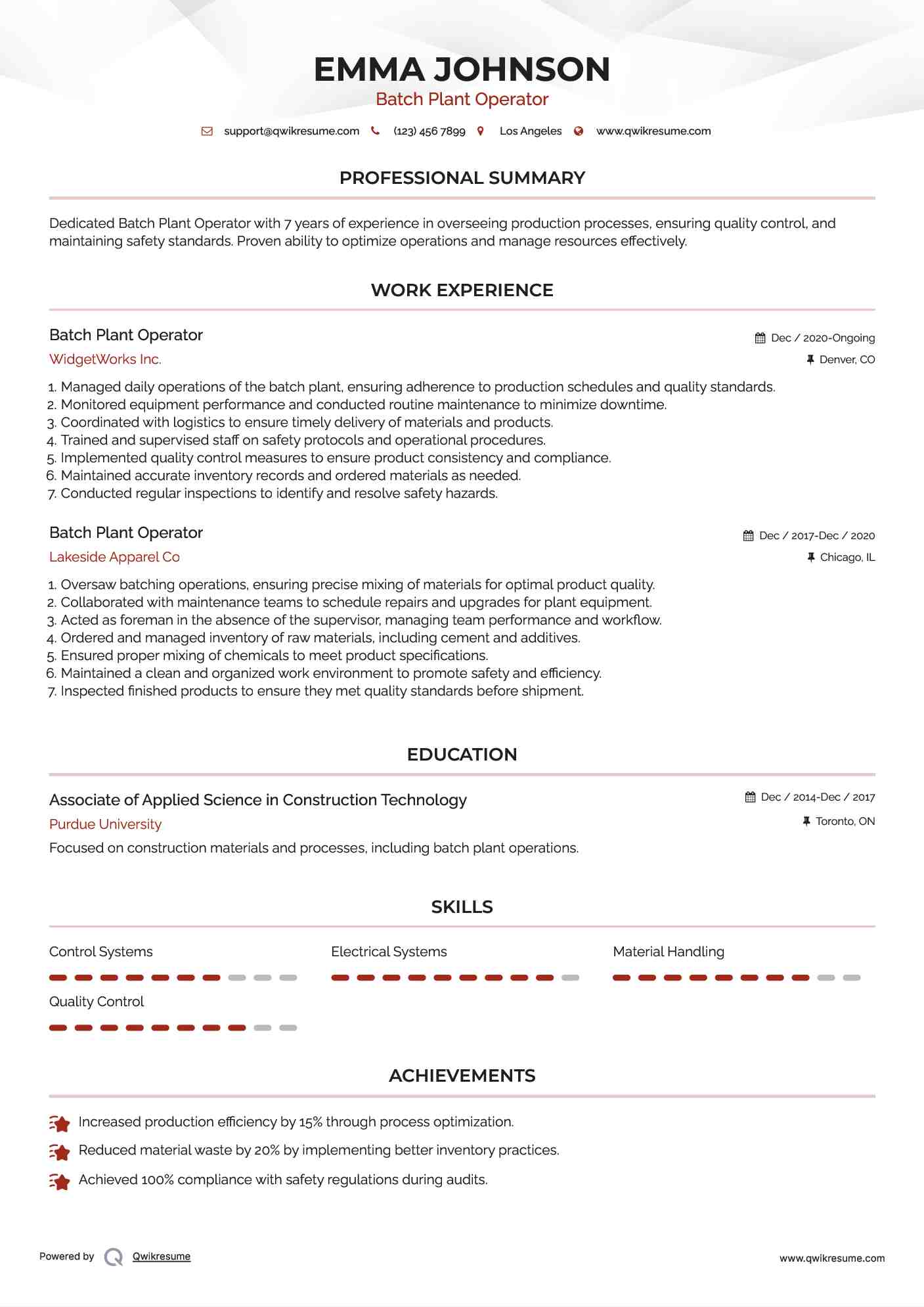 Batch Plant Operator Resume Example