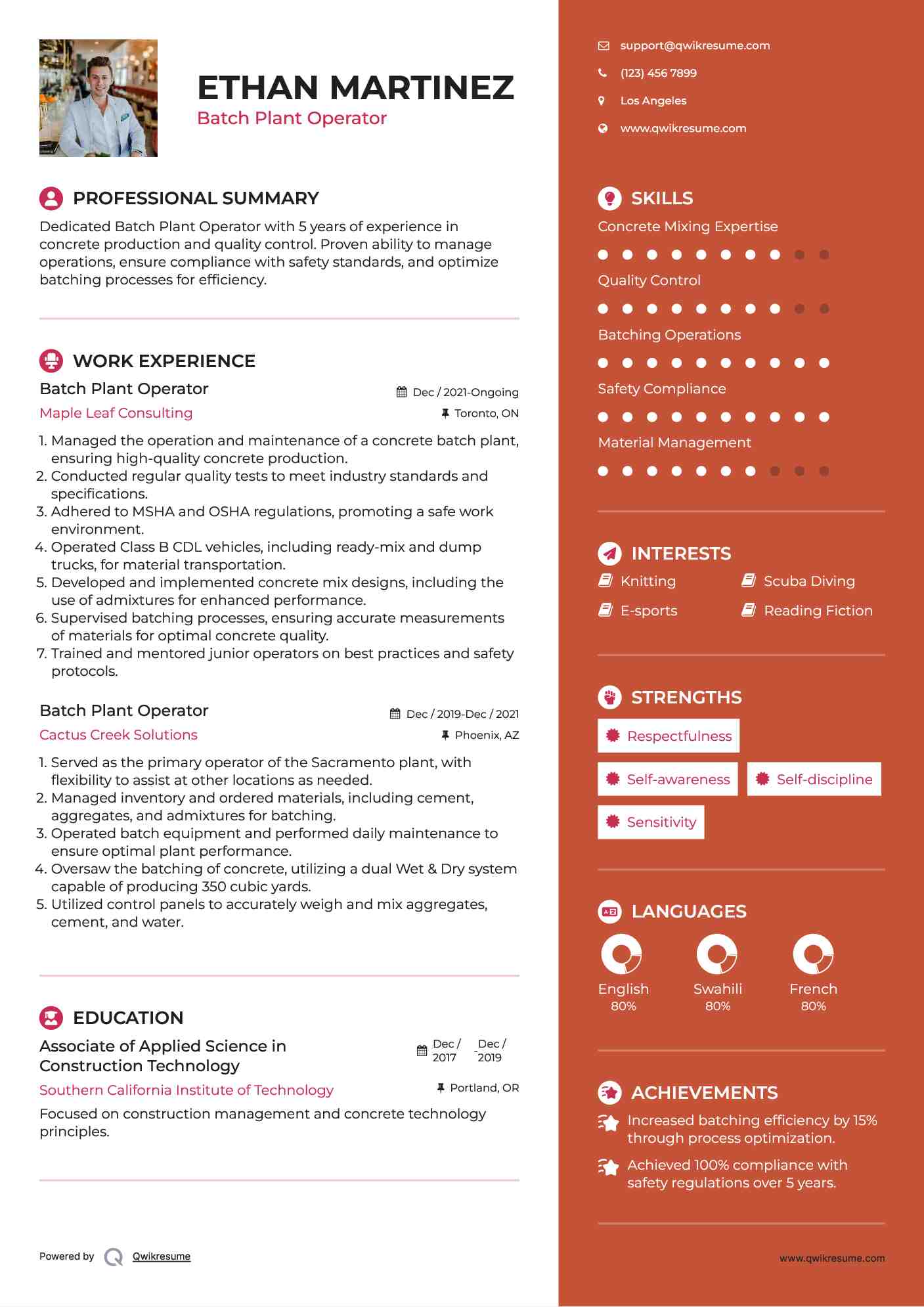 Batch Plant Operator Resume Format