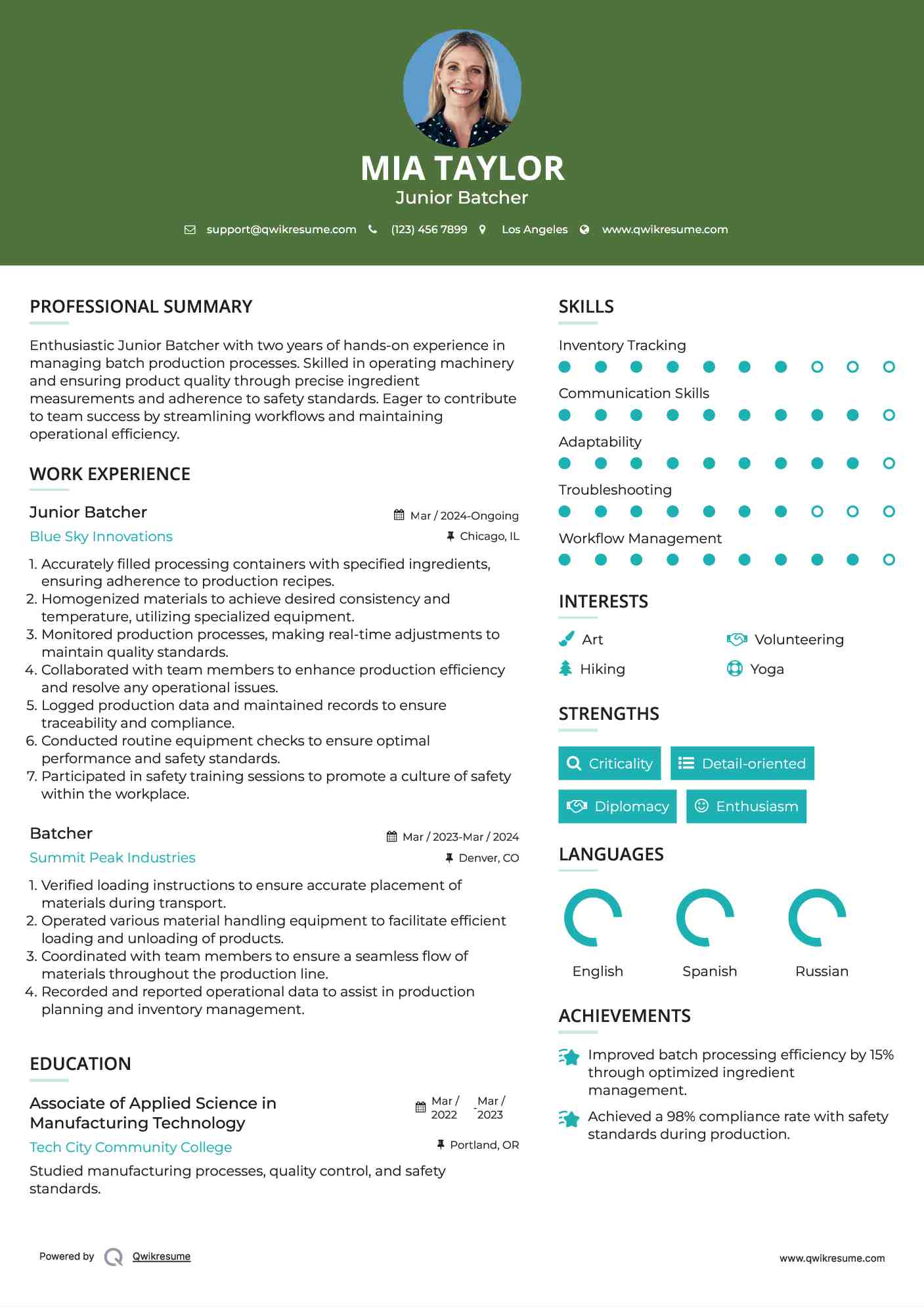 Junior Batcher Resume Format