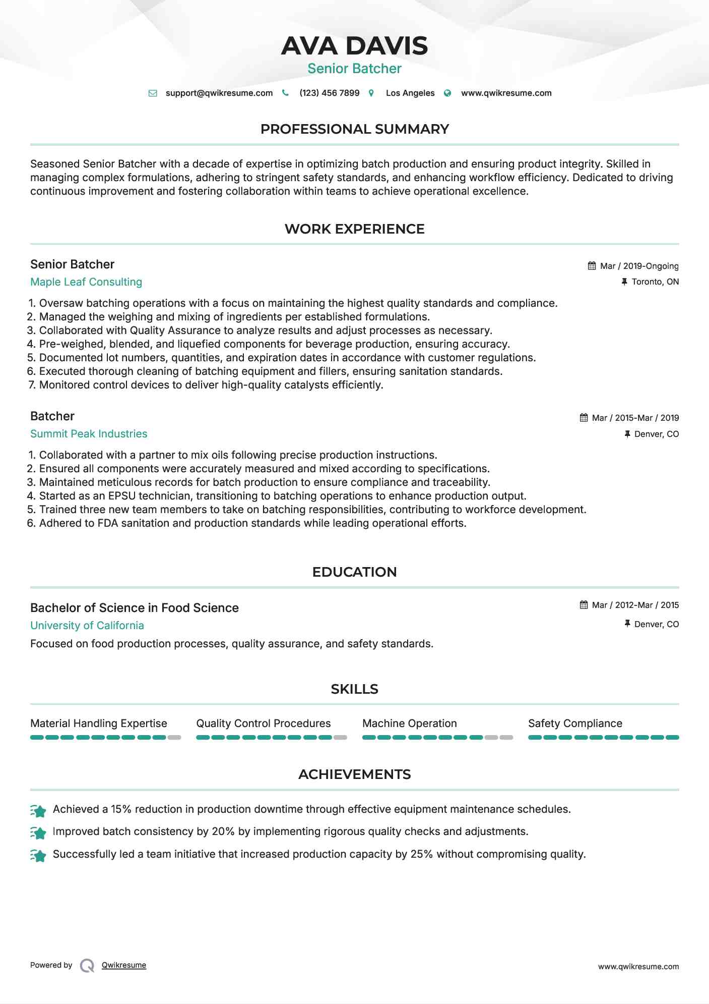 Senior Batcher Resume Example