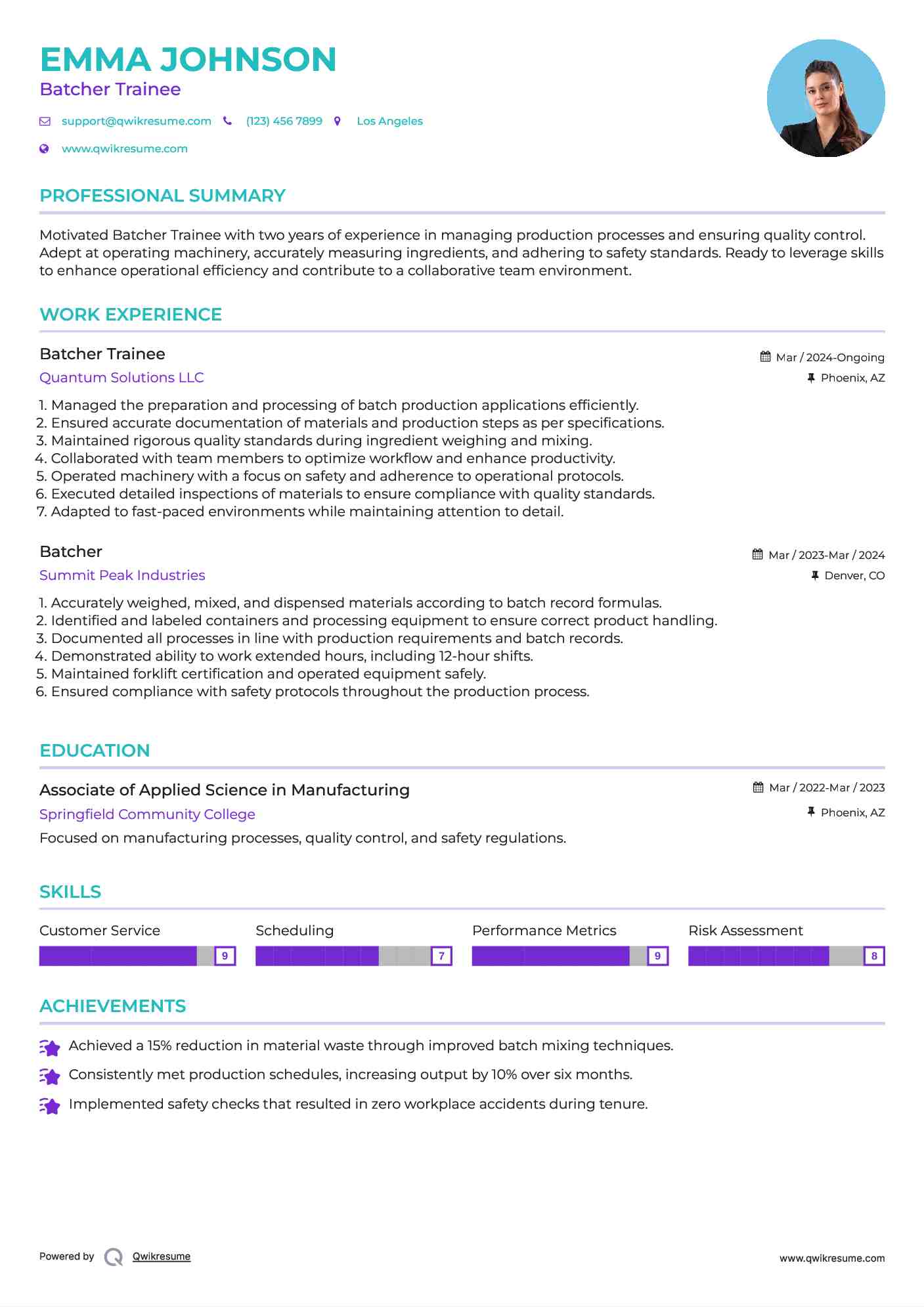 Batcher Trainee Resume Format