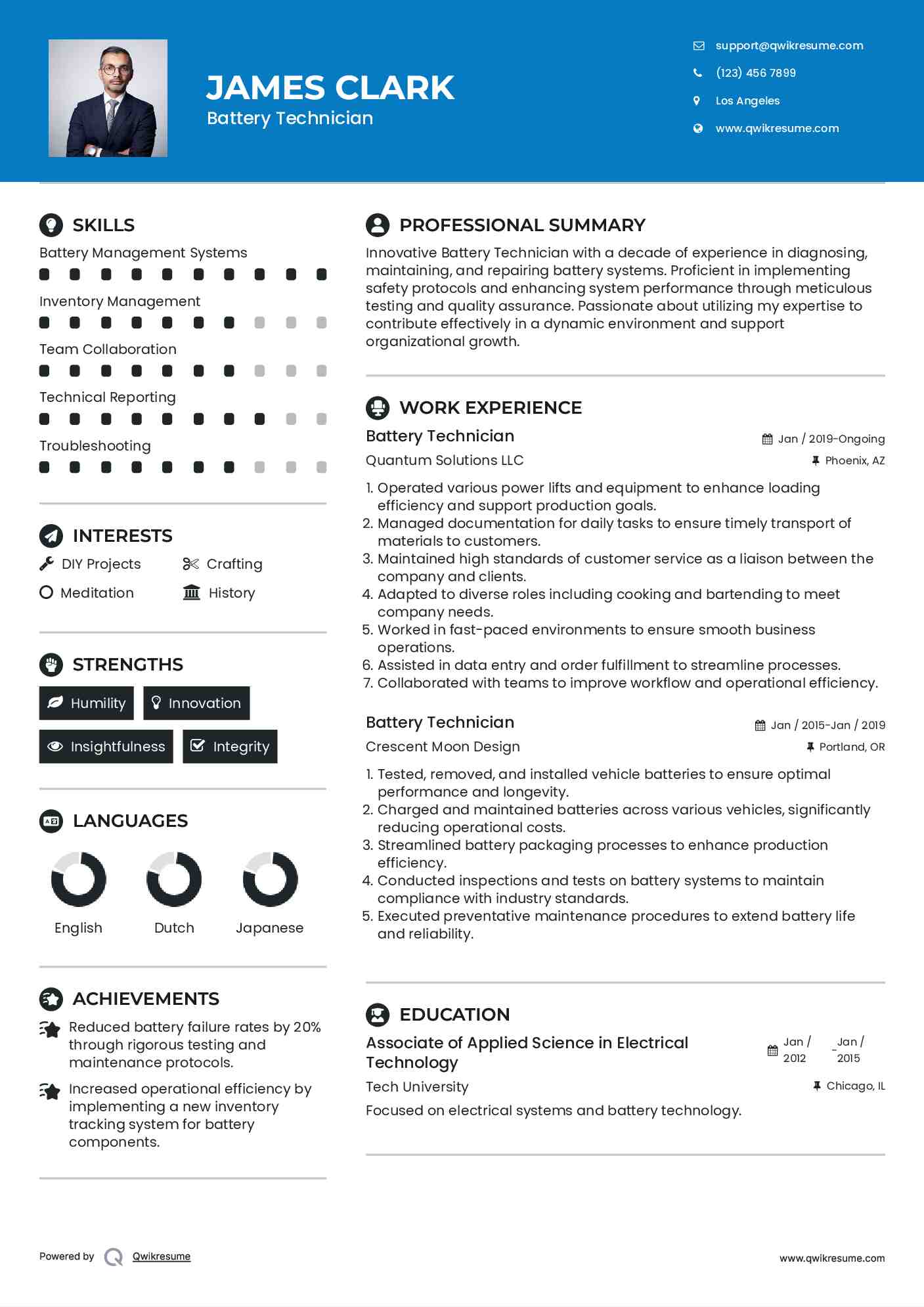 Battery Technician Resume Samples QwikResume