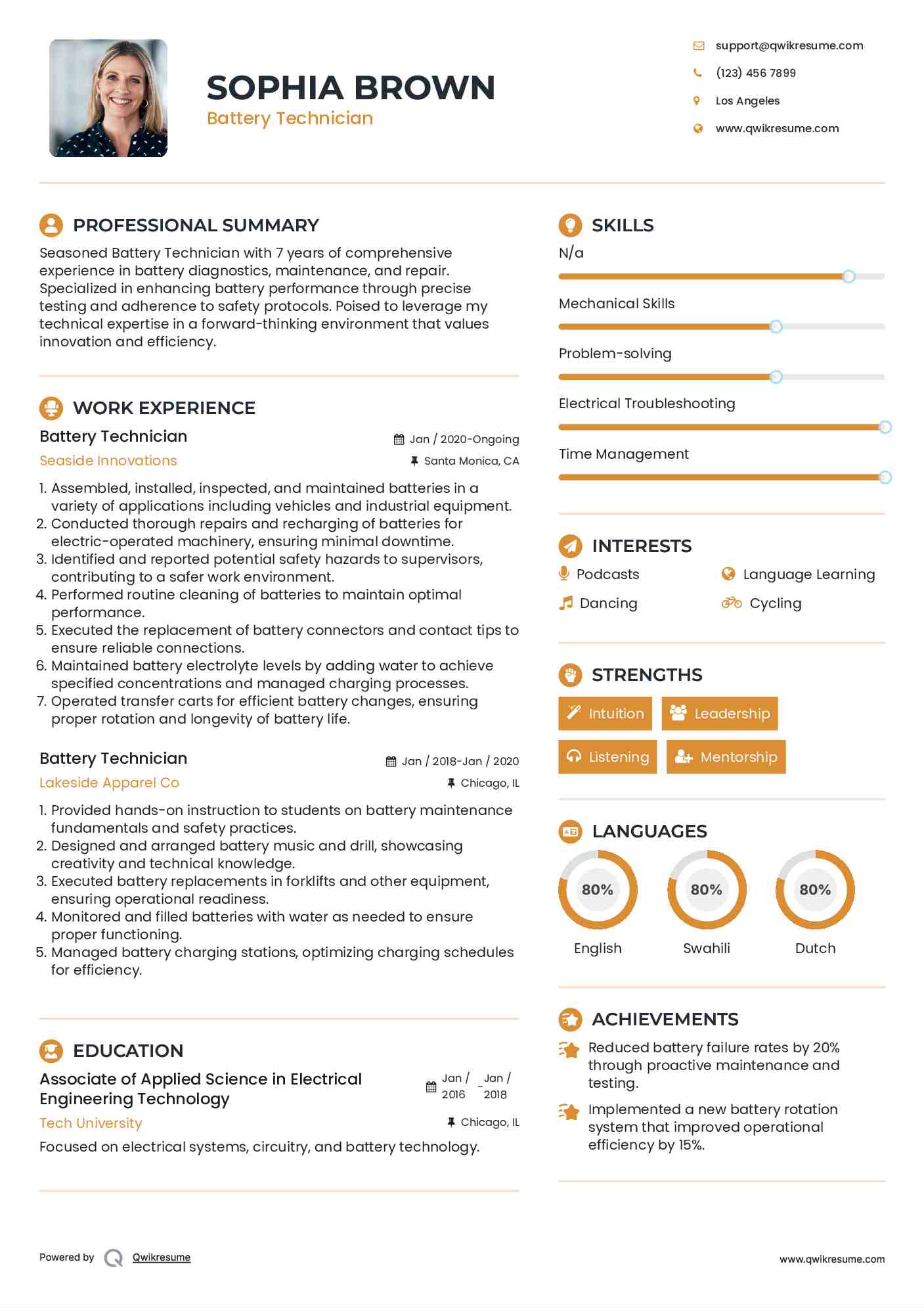 Battery Technician Resume Example