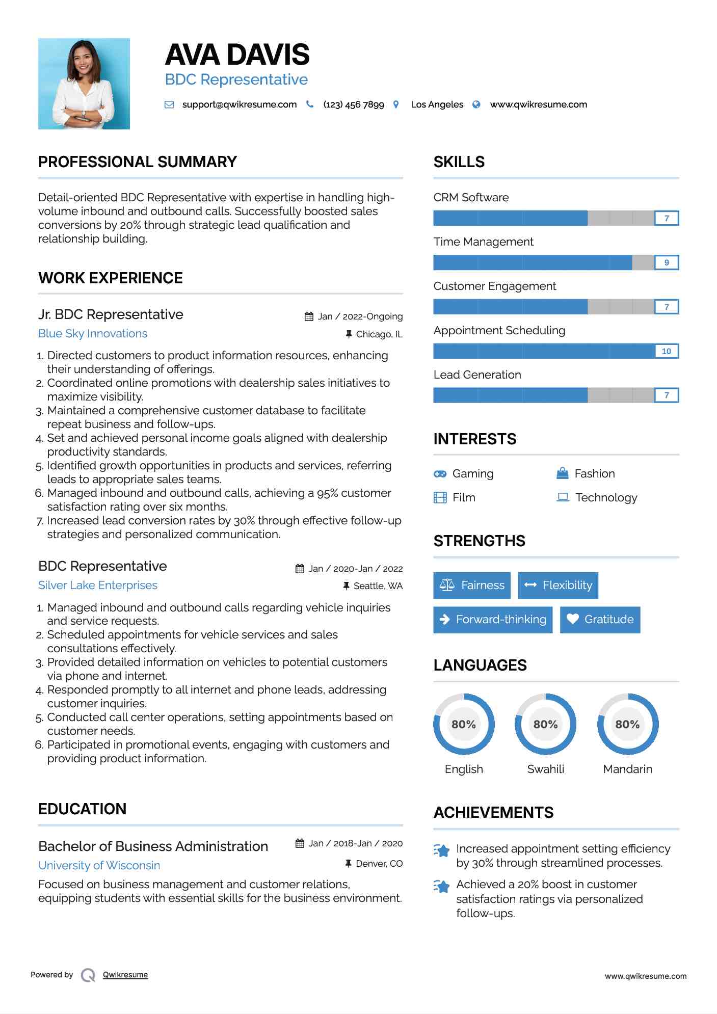 Jr. BDC Representative Resume Sample