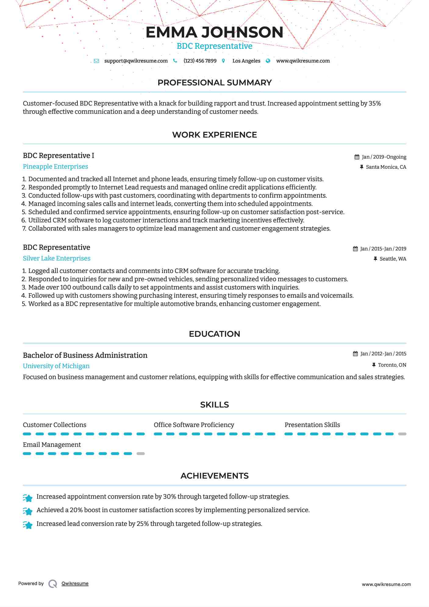 BDC Representative I Resume Example