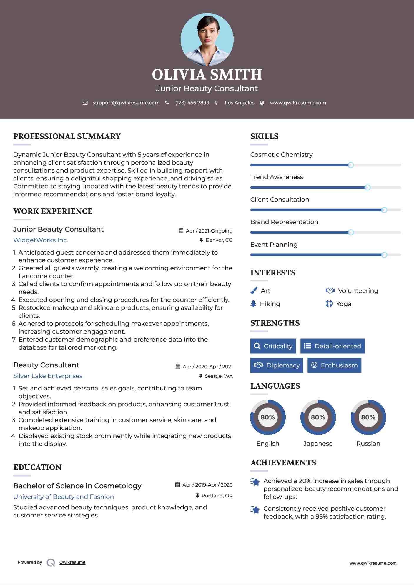 Junior Beauty Consultant Resume Sample