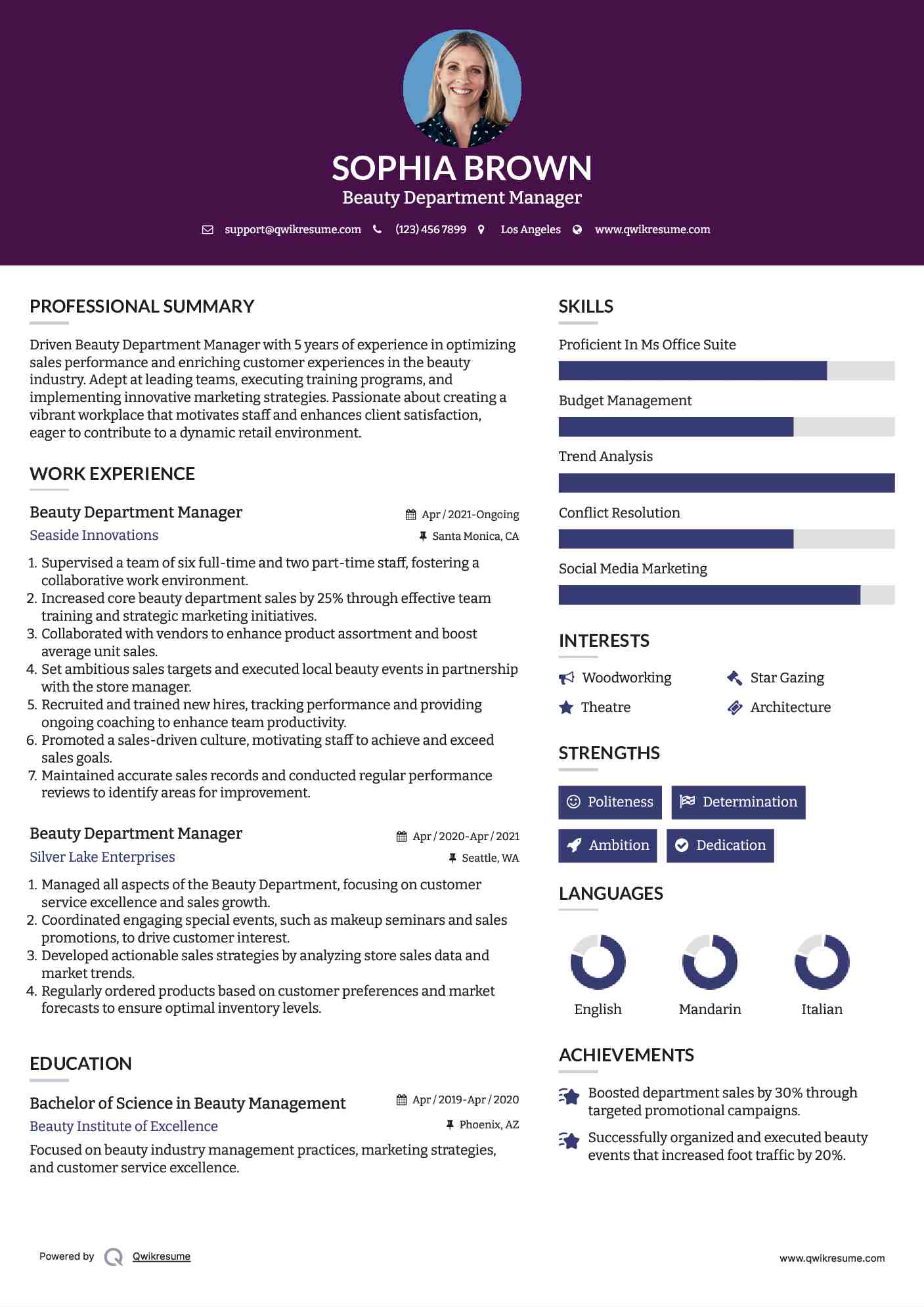 Beauty Department Manager Resume Format