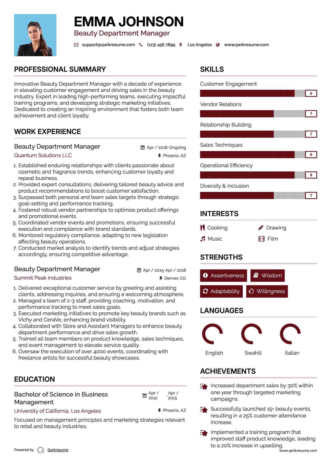 Beauty Department Manager Resume Sample