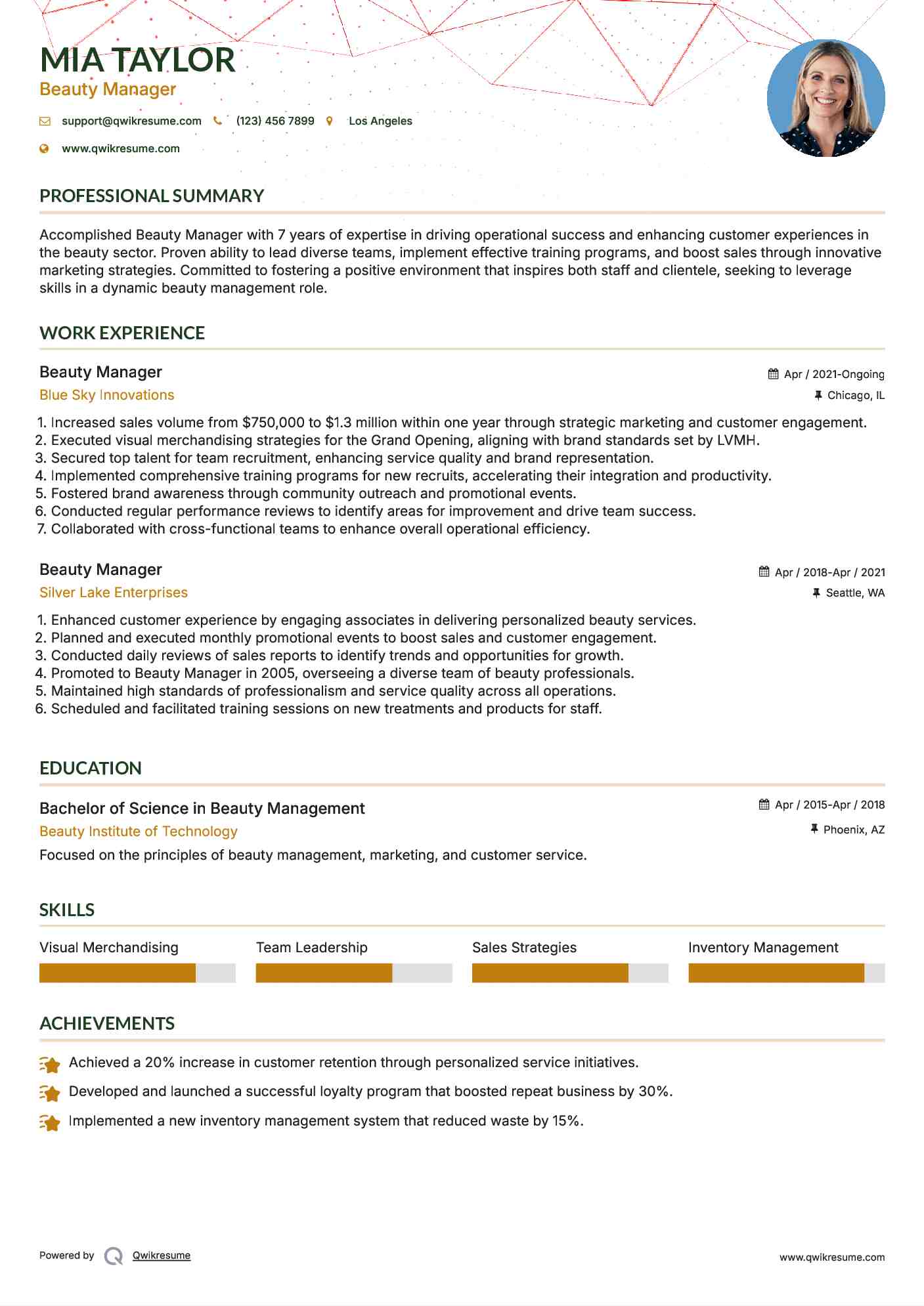 Beauty Manager Resume Template