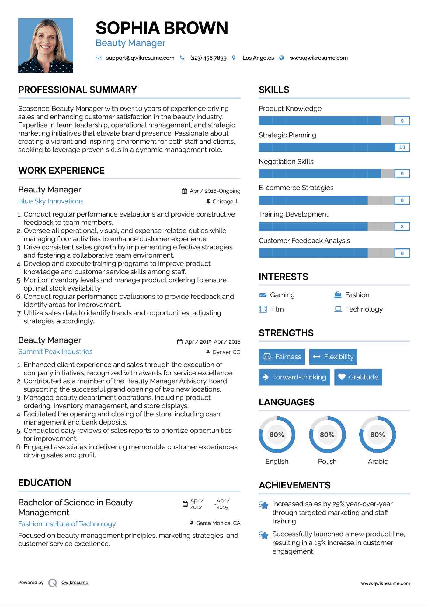 Beauty Manager Resume Sample