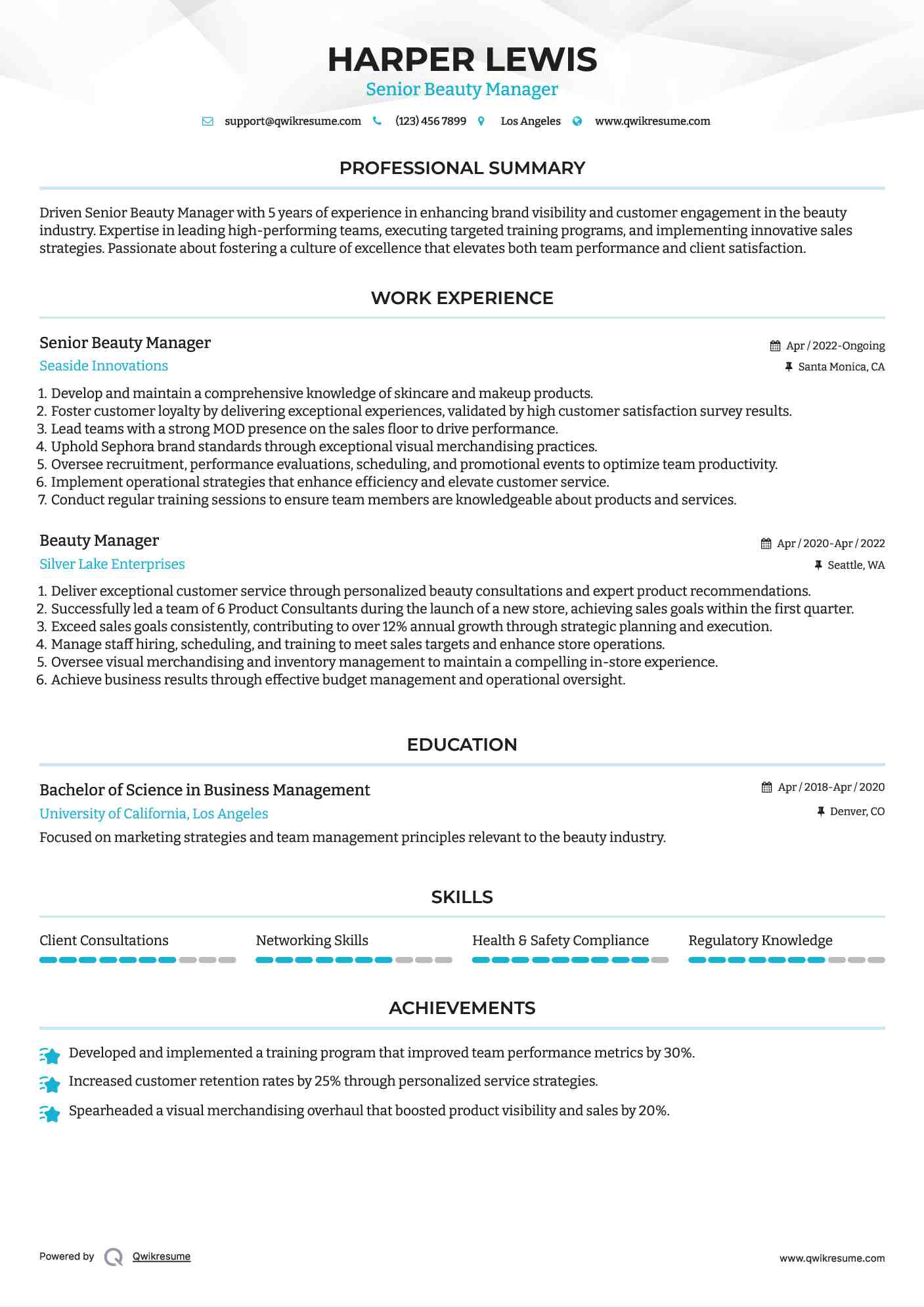 Senior Beauty Manager Resume Example
