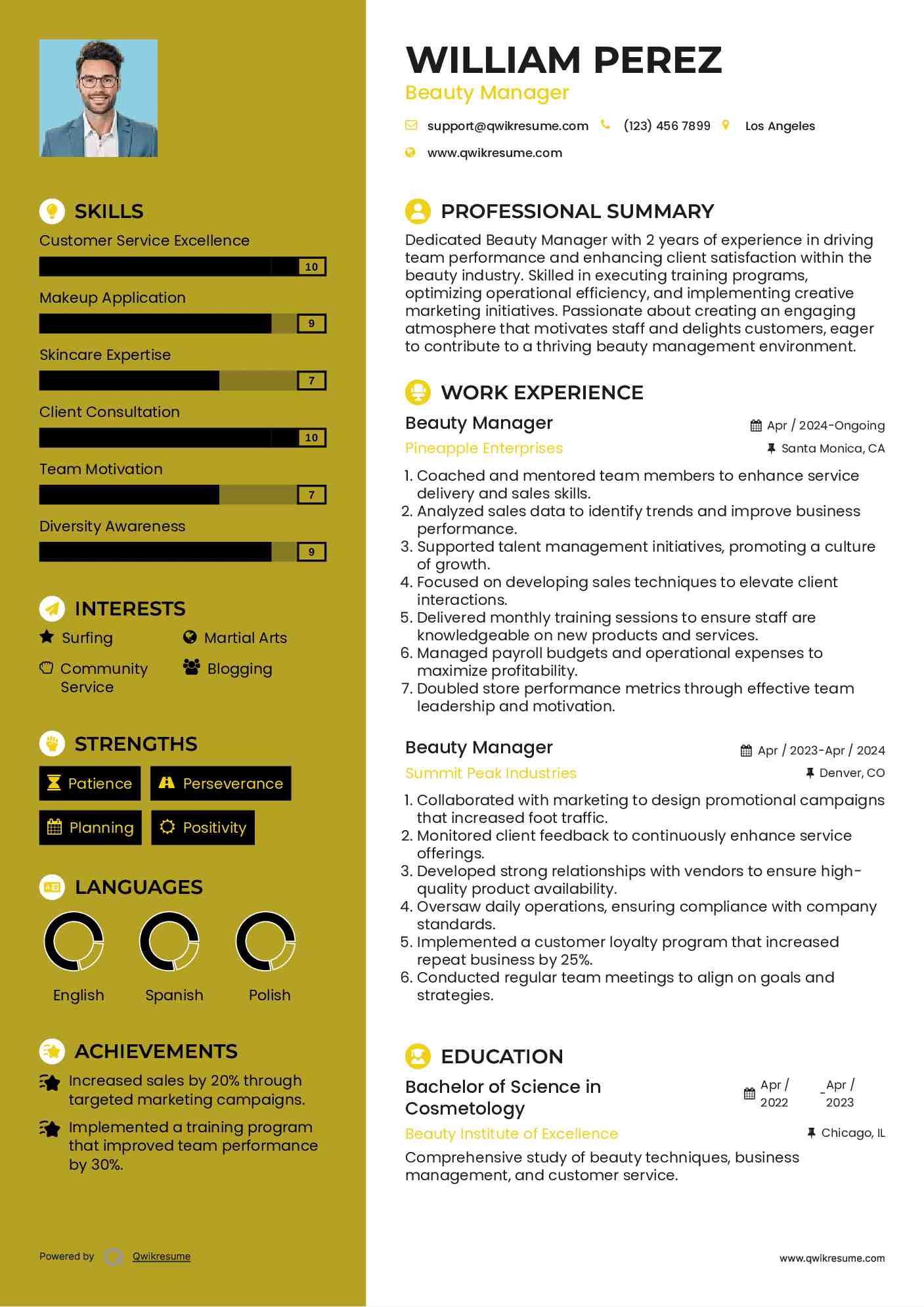 Beauty Manager Resume Format
