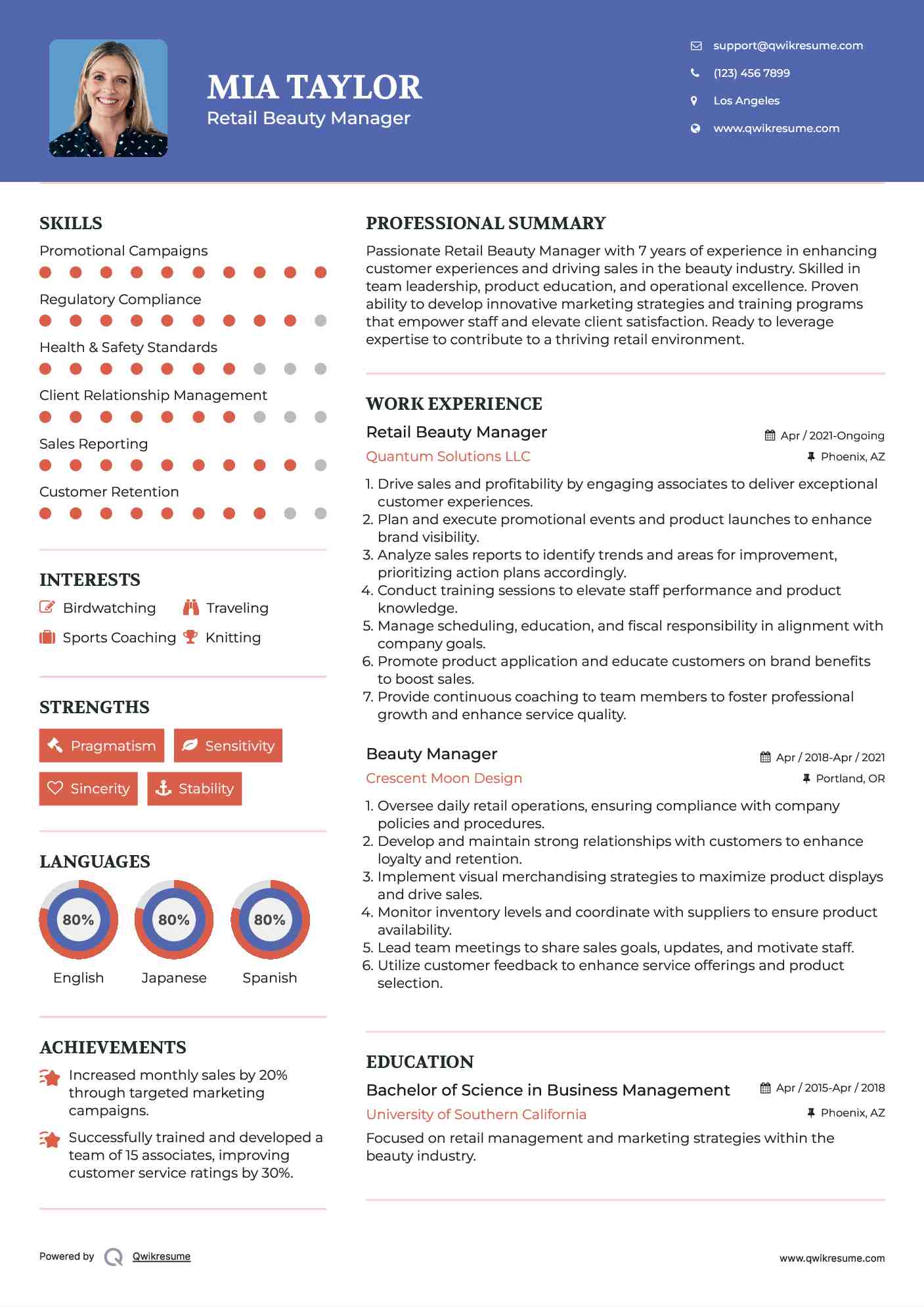 Retail Beauty Manager  Resume Sample