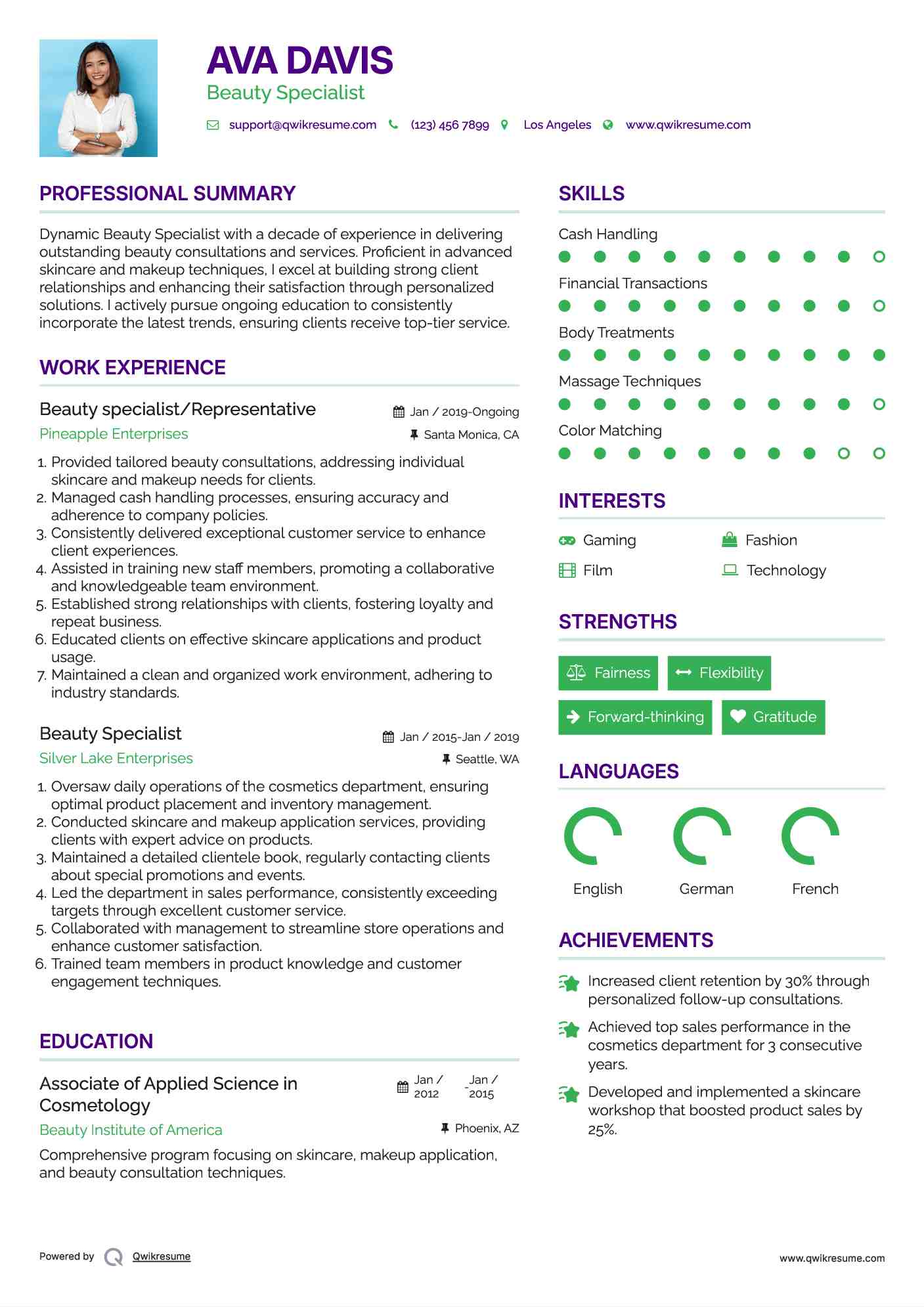 Beauty specialist/Representative Resume Model