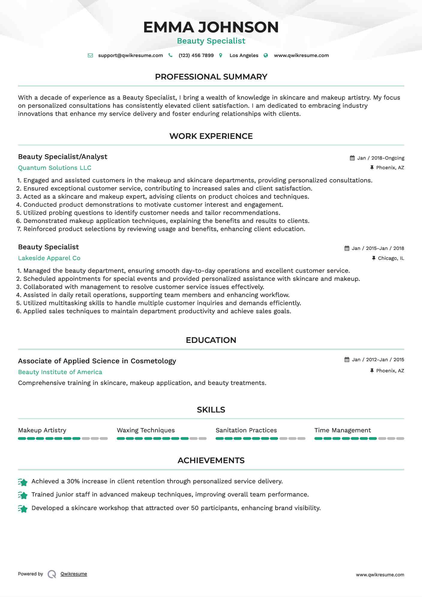 Beauty Specialist/Analyst Resume Template
