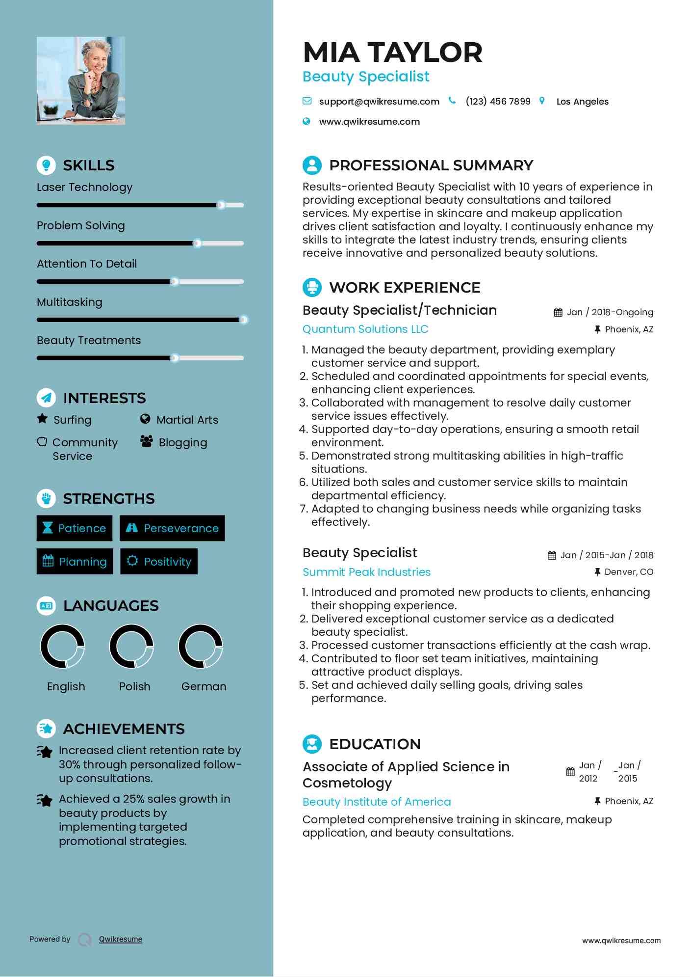 Beauty Specialist/Technician Resume Example