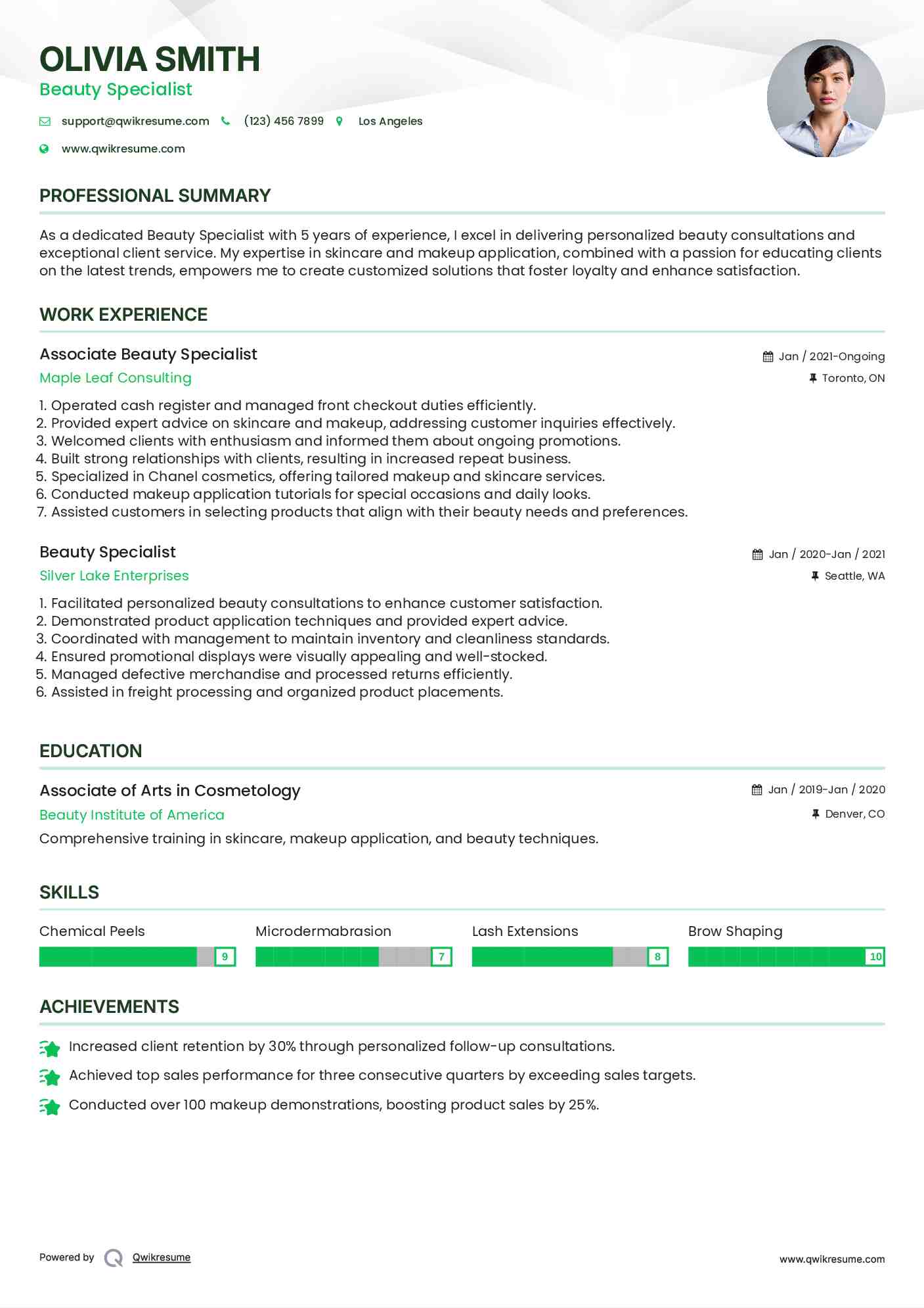 Associate Beauty Specialist Resume Sample