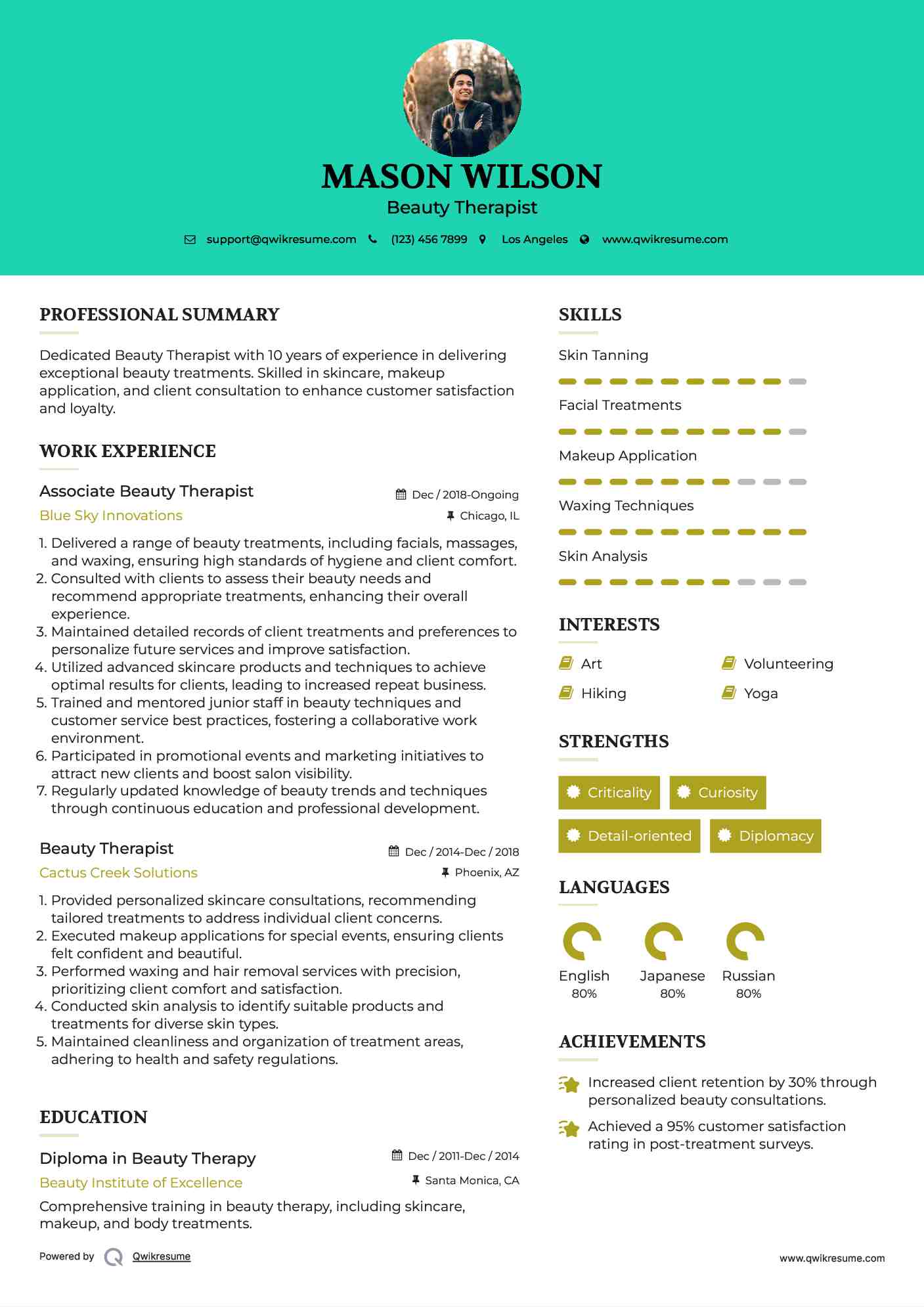 Associate Beauty Therapist Resume Template