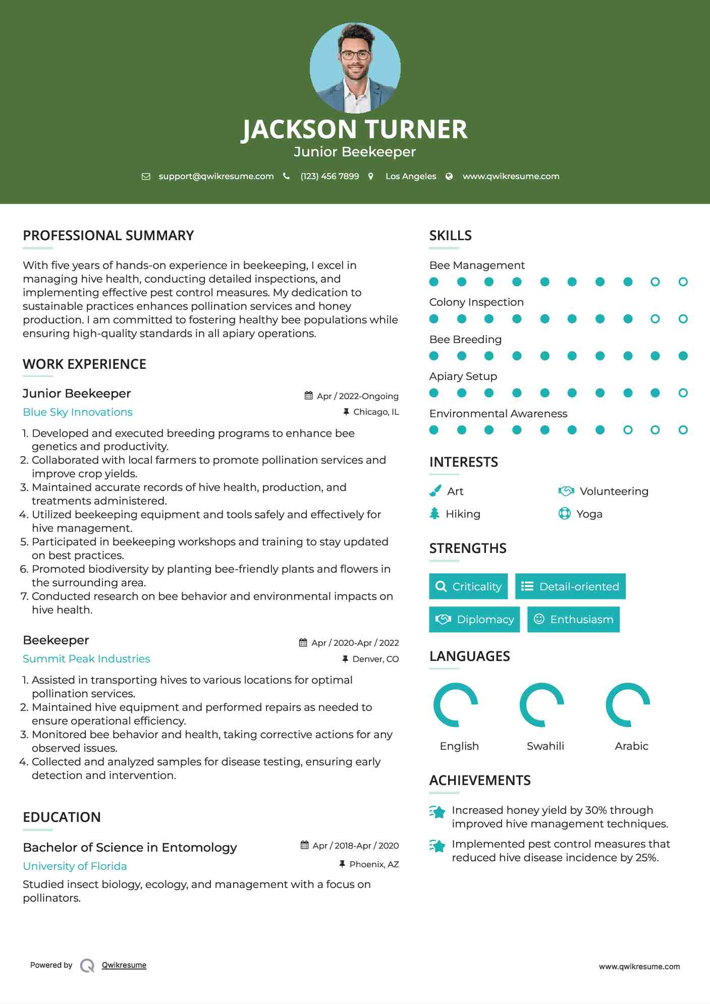 Junior Beekeeper Resume Sample