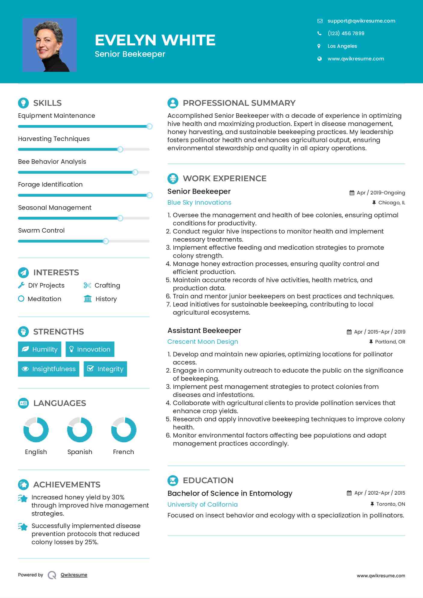 Senior Beekeeper Resume Example