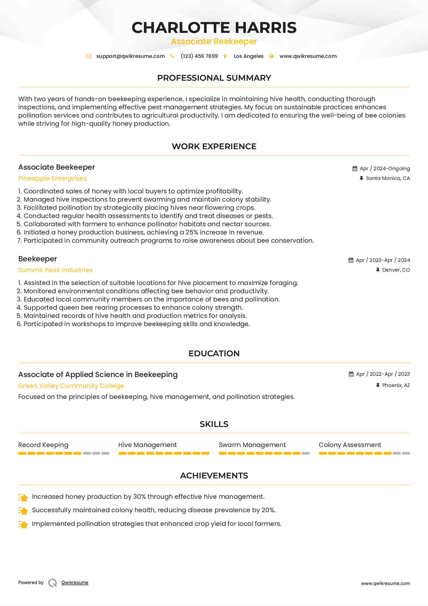 Associate Beekeeper Resume Model