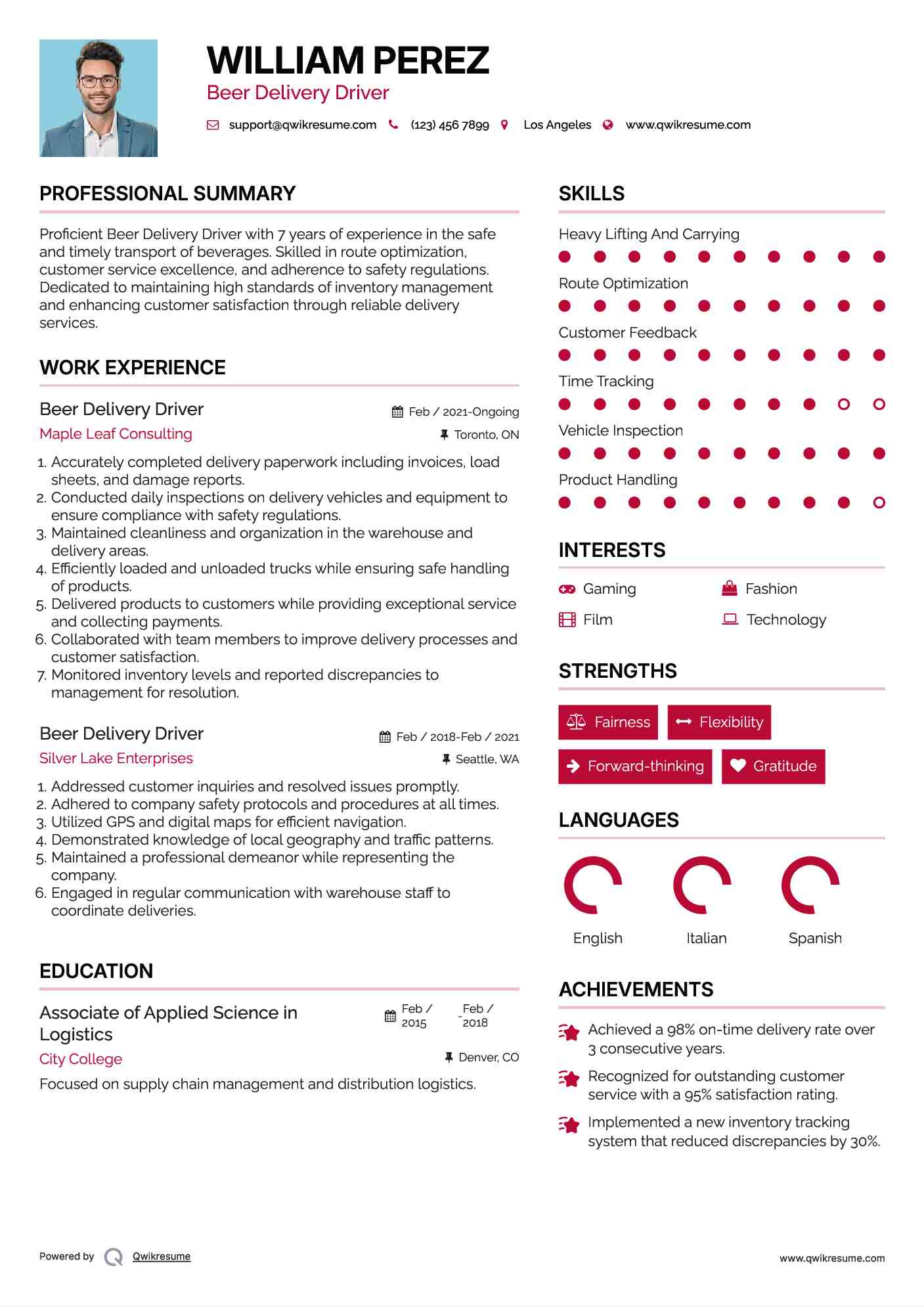 Beer Delivery Driver Resume Sample