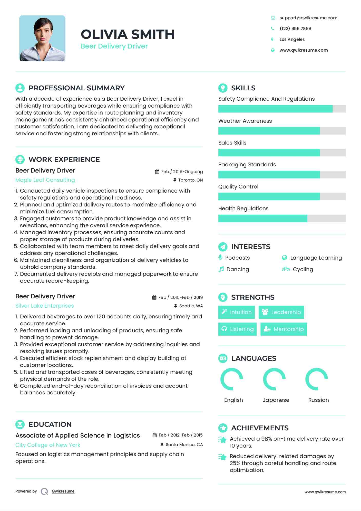 Beer Delivery Driver Resume Template