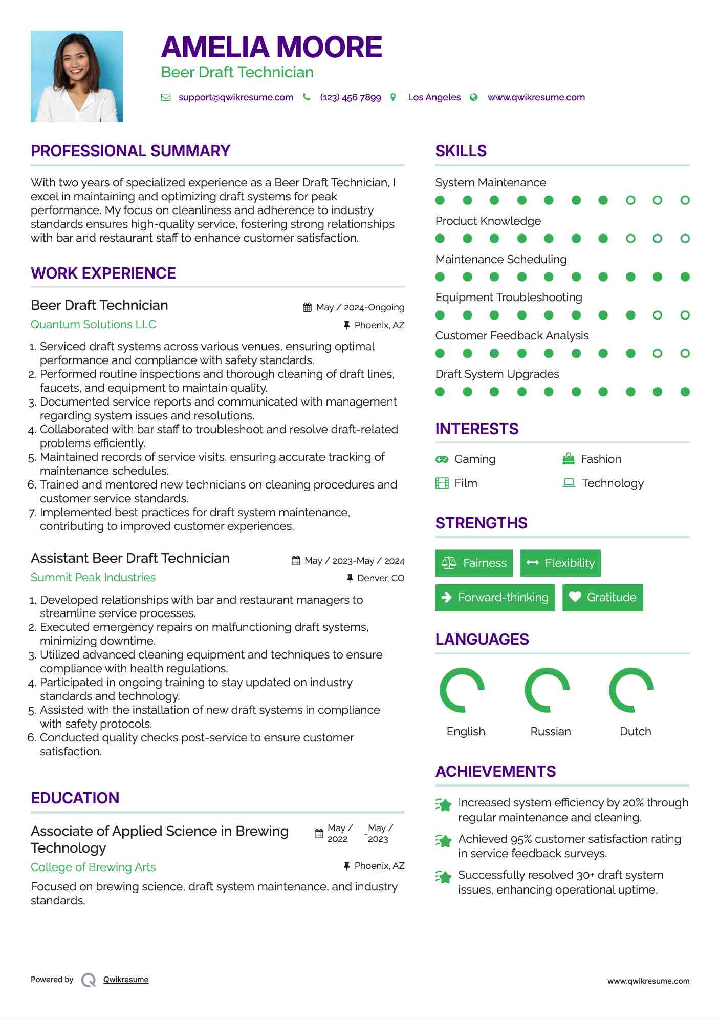 Beer Draft Technician Resume Sample