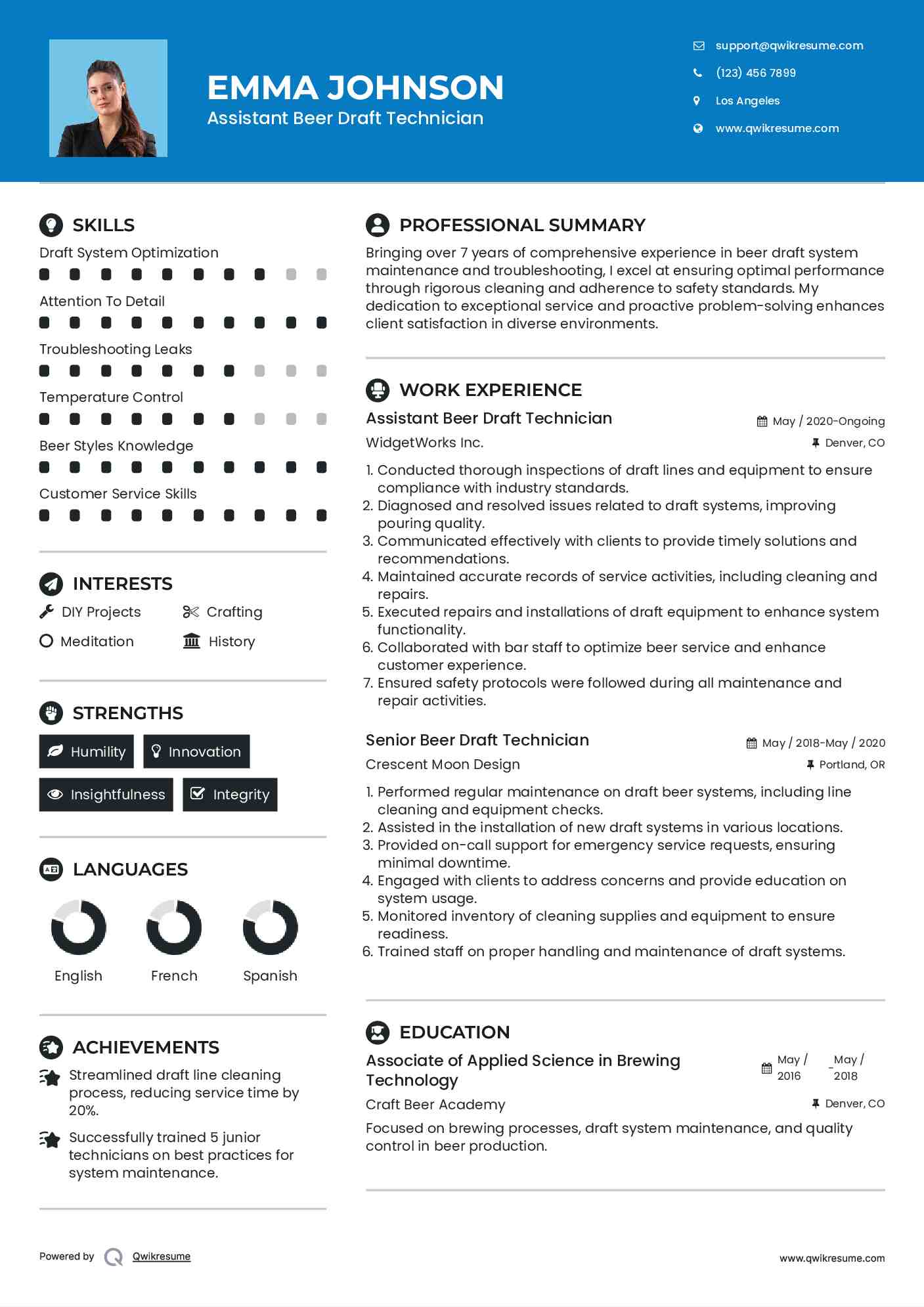 Assistant Beer Draft Technician Resume Template