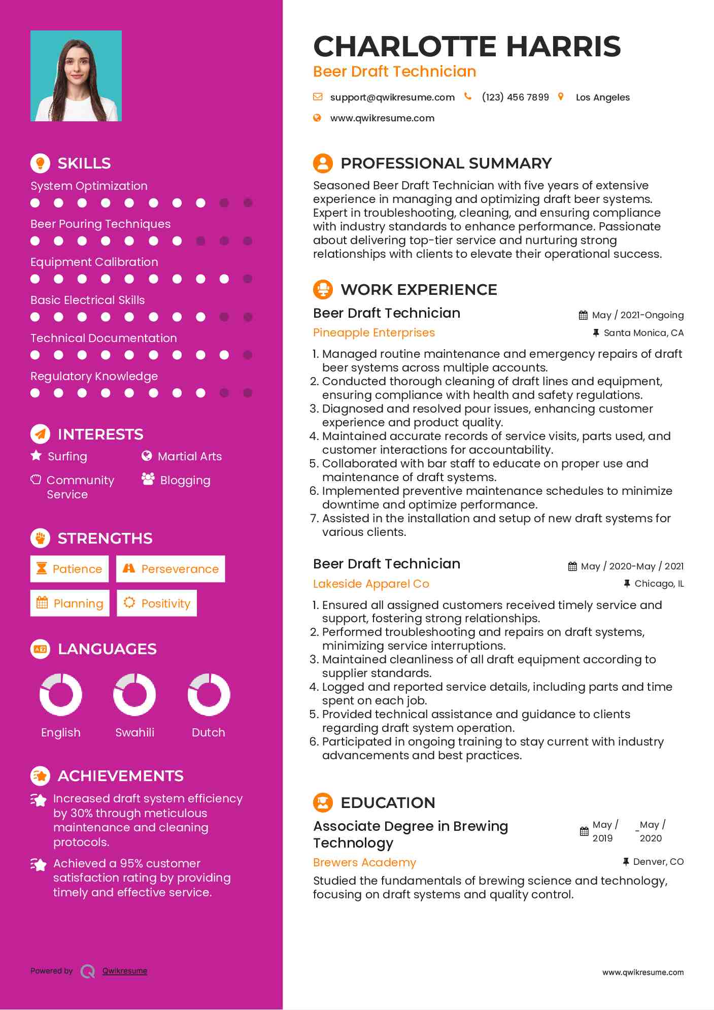 Beer Draft Technician Resume Sample