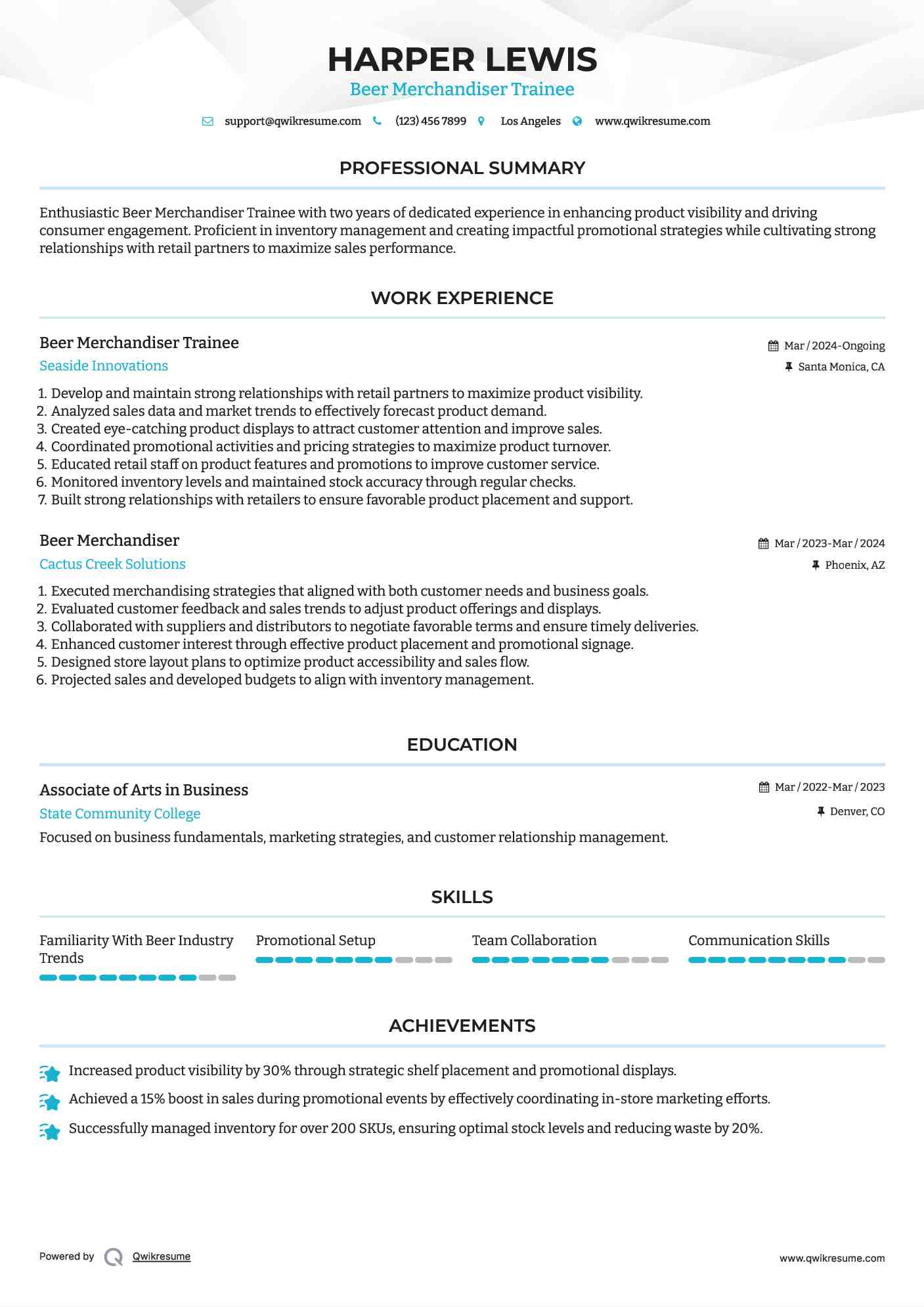 Beer Merchandiser Trainee Resume Sample