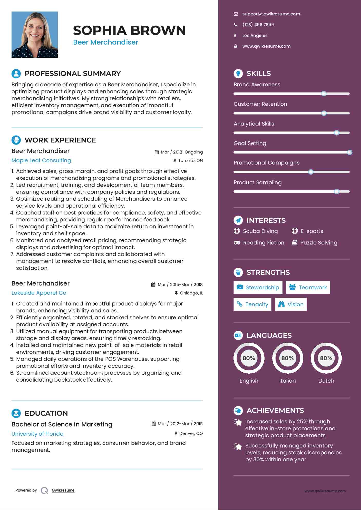 Beer Merchandiser Resume Sample