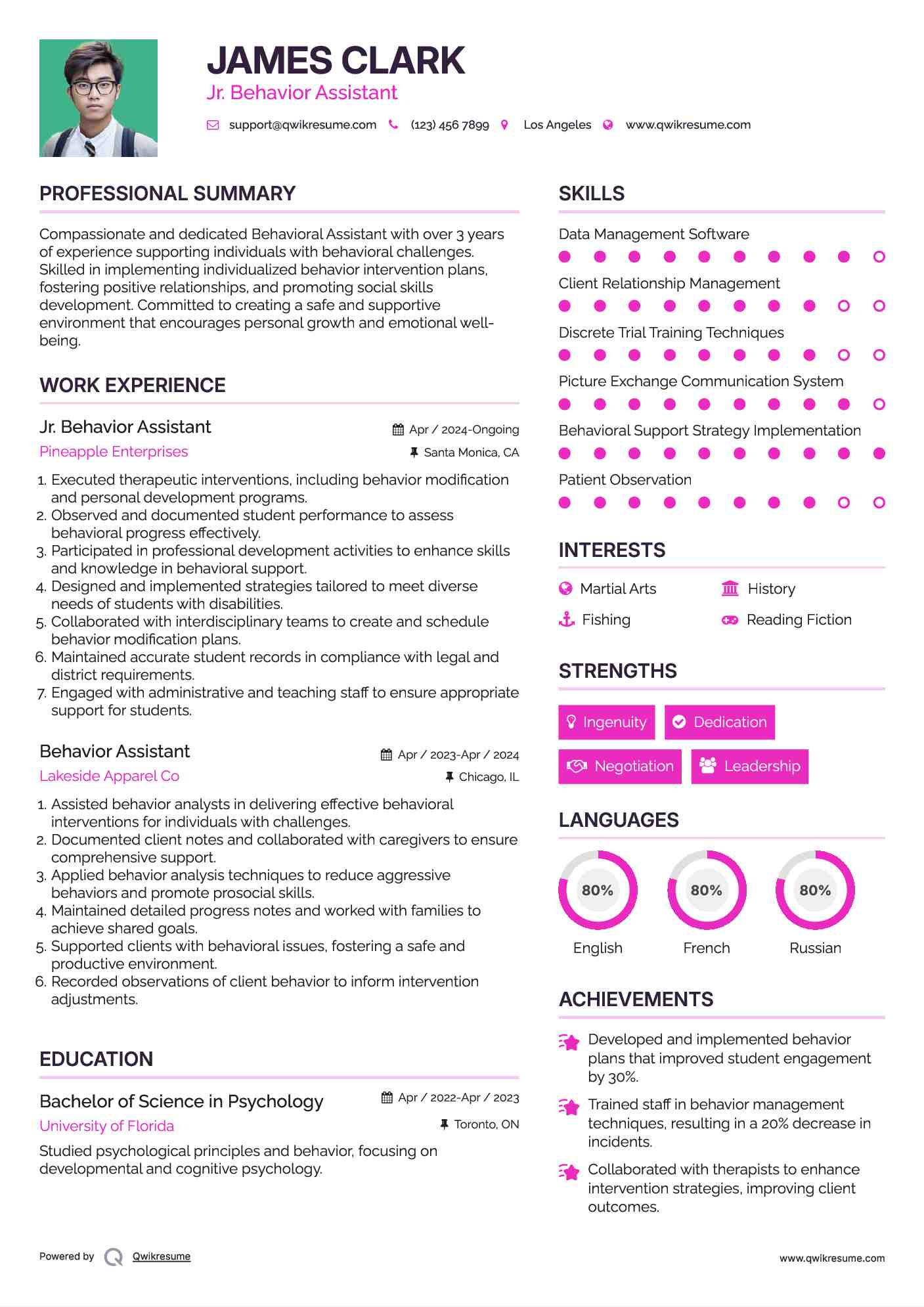Jr. Behavior Assistant Resume Sample