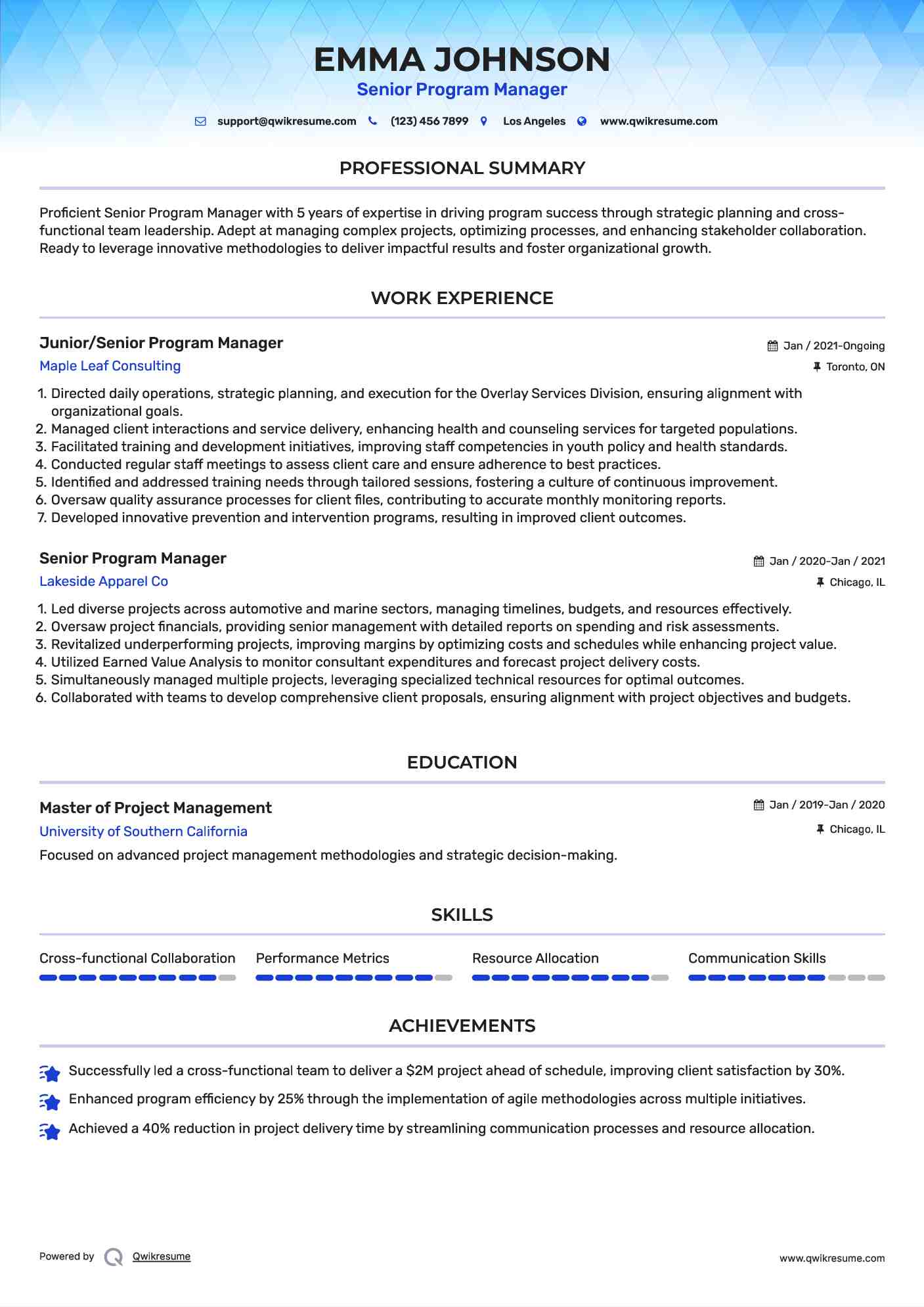 Junior/Senior Program Manager Resume Example