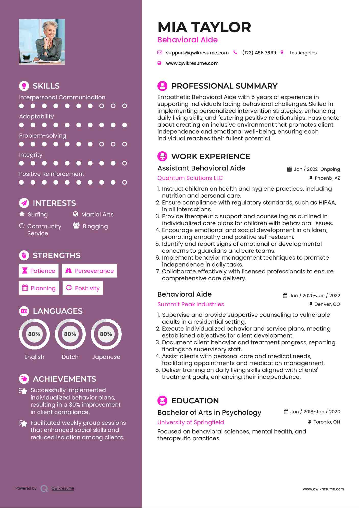 Assistant Behavioral Aide Resume Example