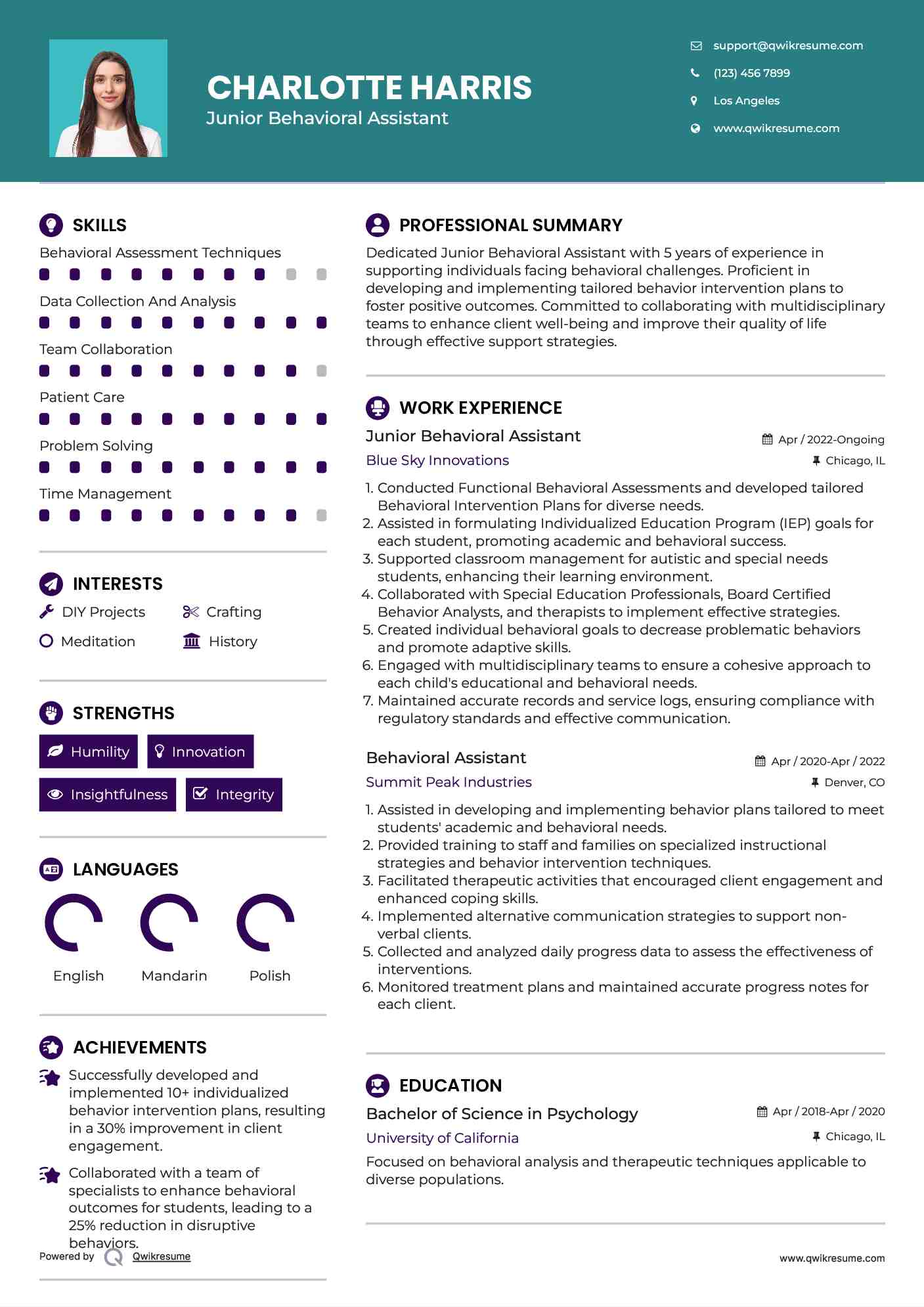 Junior Behavioral Assistant Resume Example