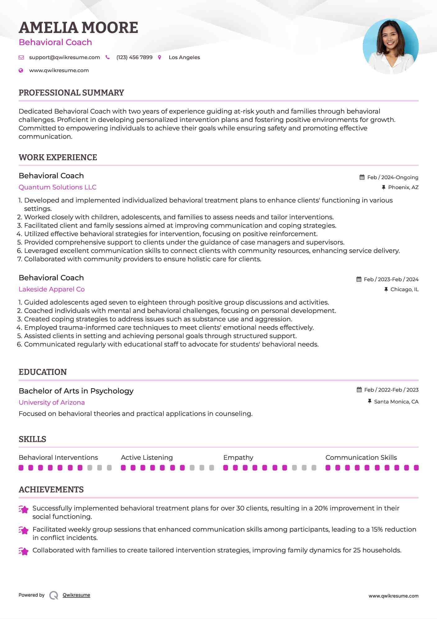Behavioral Coach Resume Example