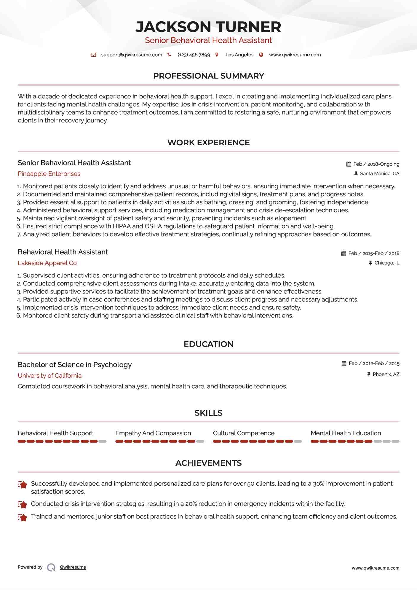 Senior Behavioral Health Assistant Resume Format