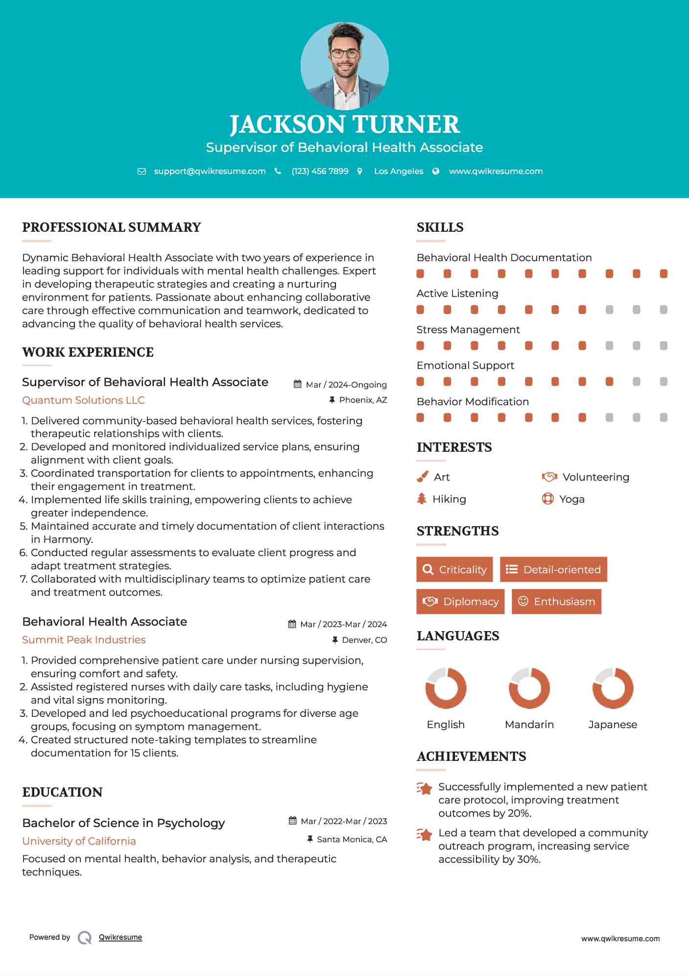 Supervisor of Behavioral Health Associate
 Resume Example