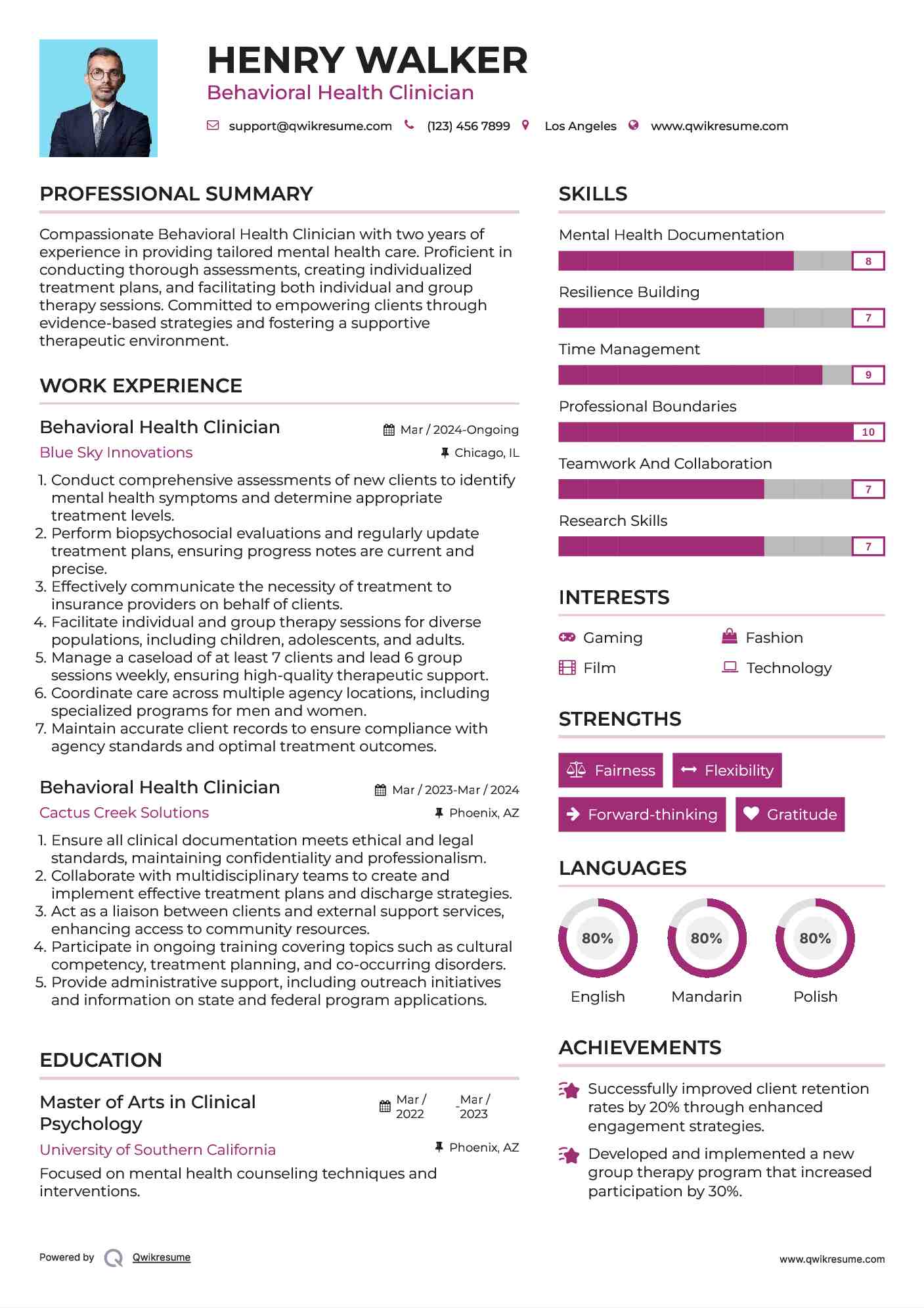 Behavioral Health Clinician Resume Model