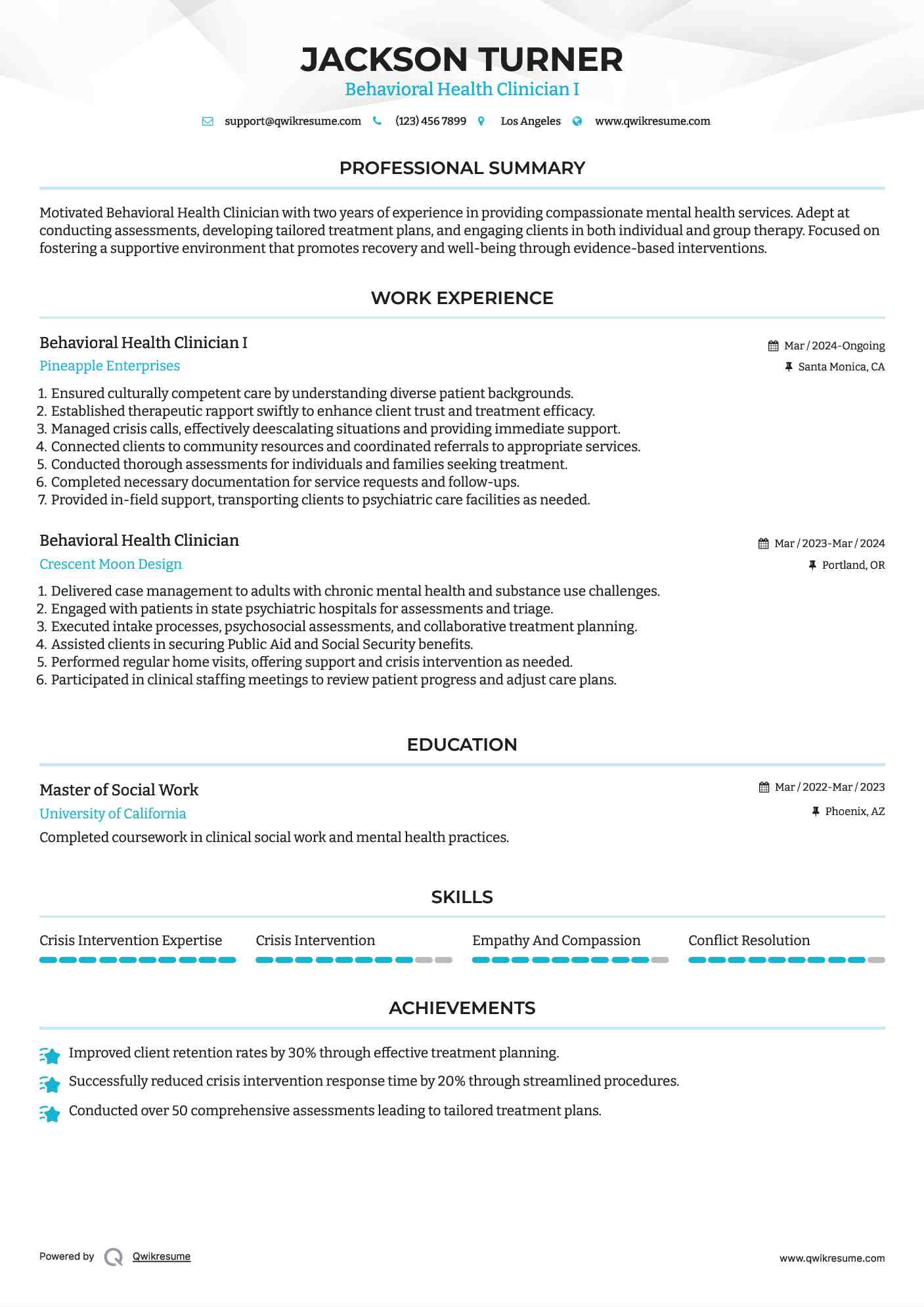 Behavioral Health Clinician  I Resume Sample