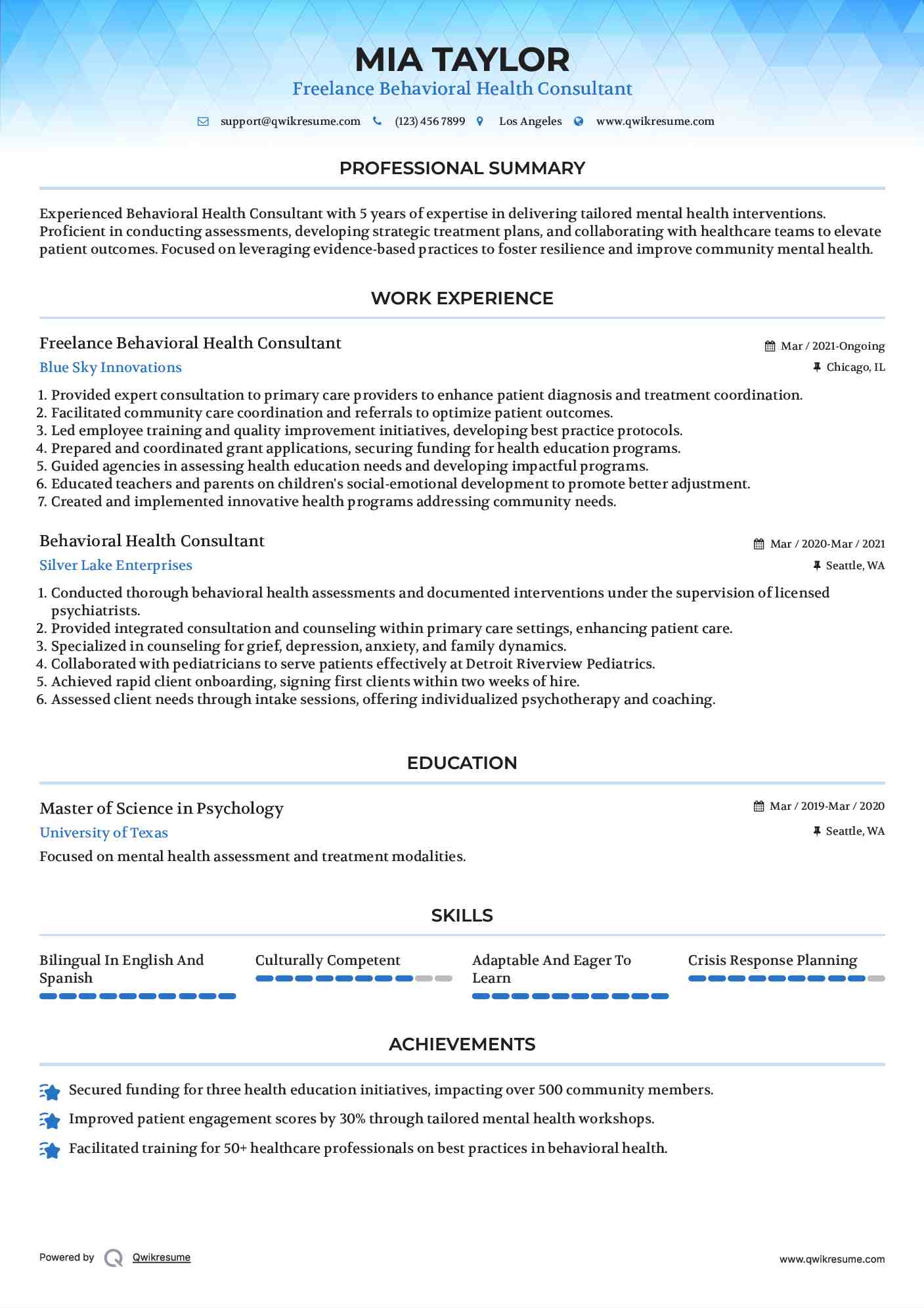 Freelance Behavioral Health Consultant Resume Format